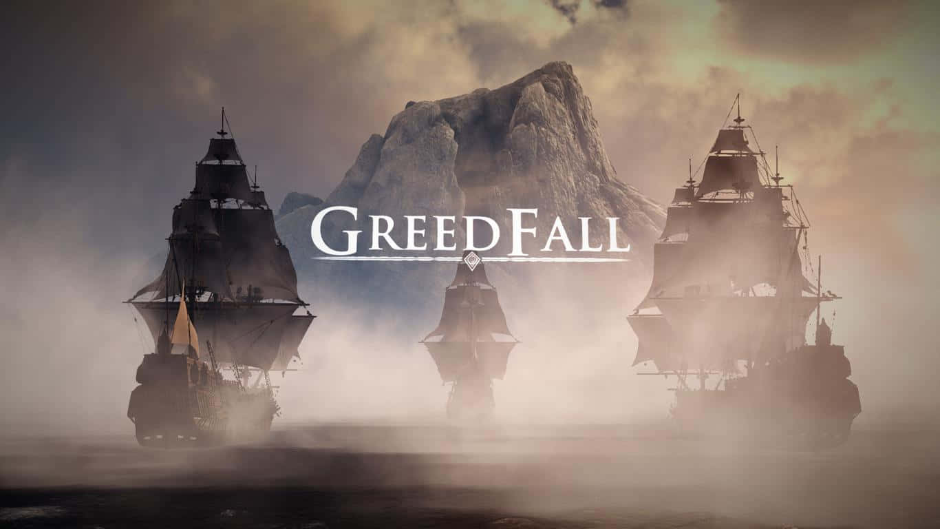 1366x768 Greedfall 桌布 壁紙 — 三艘帆船在多雲的天空下，於一座高聳的山前航行於迷霧水域，並顯示標題 GreedFall。