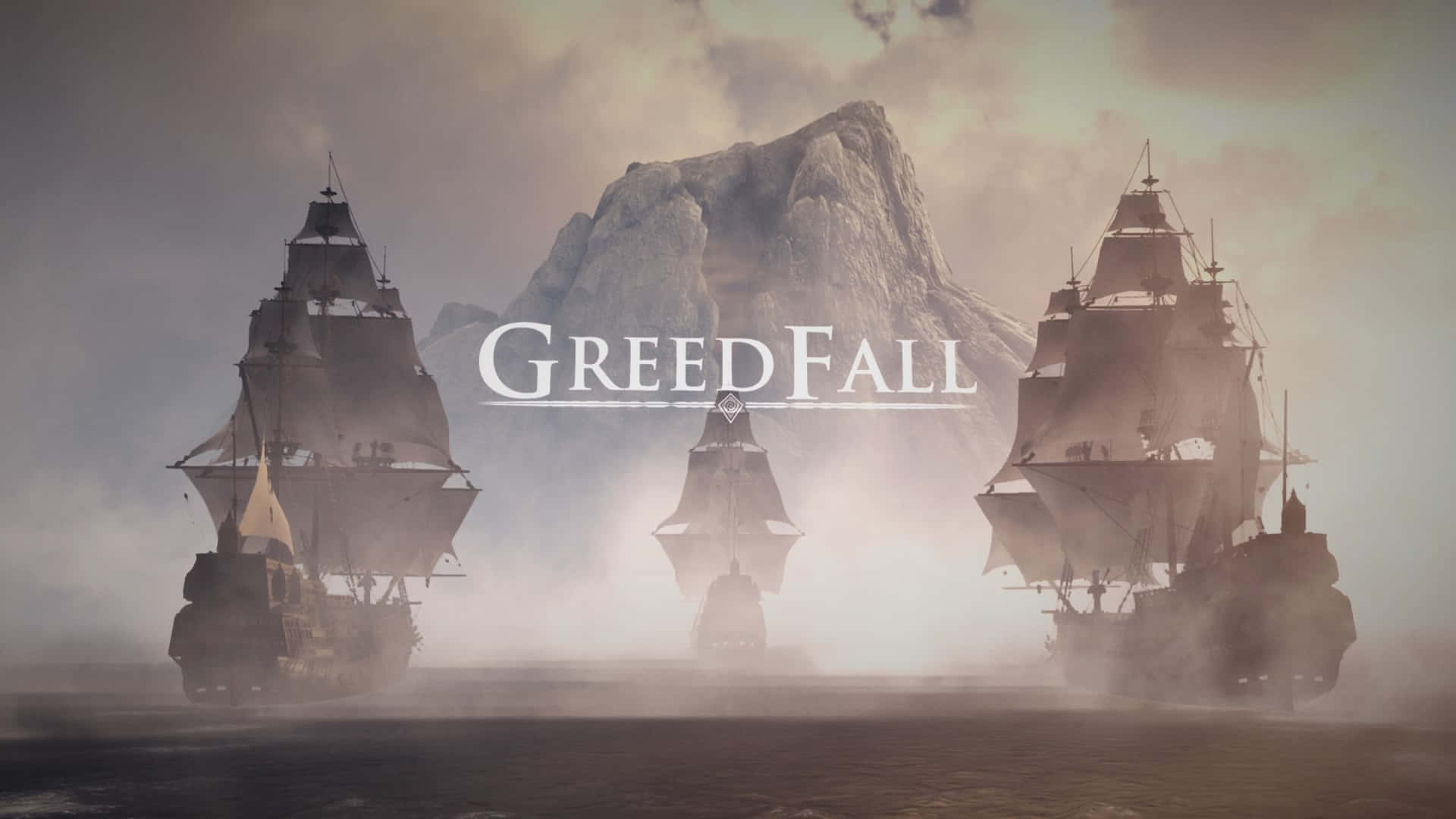 三艘船穿過迷霧駛向一座帶有 GreedFall 標題的山峰。 — 船 GIF 壁紙