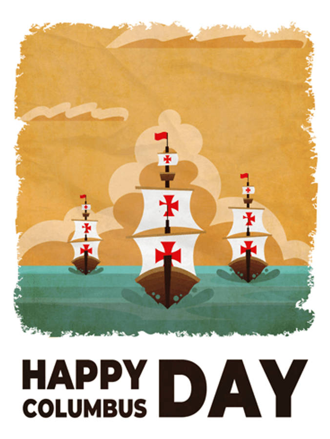 Columbus Day 桌布 壁紙 — 三艘帶有紅十字旗的復古帆船在紋理橙色天空下航行於藍綠色水域。