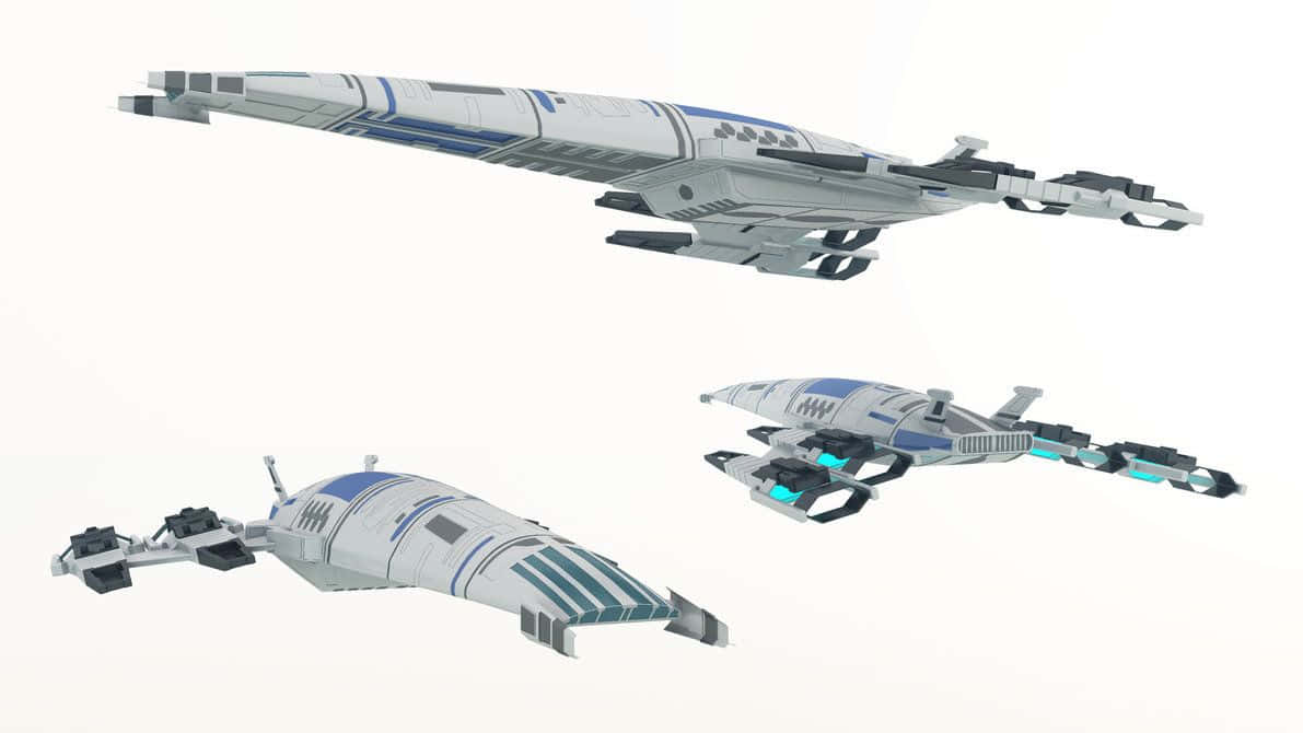 Normandy Sr-2 桌布 壁紙 — 三艘時尚的未來風格太空船，帶有藍色和灰色點綴，懸浮在純白色背景上。