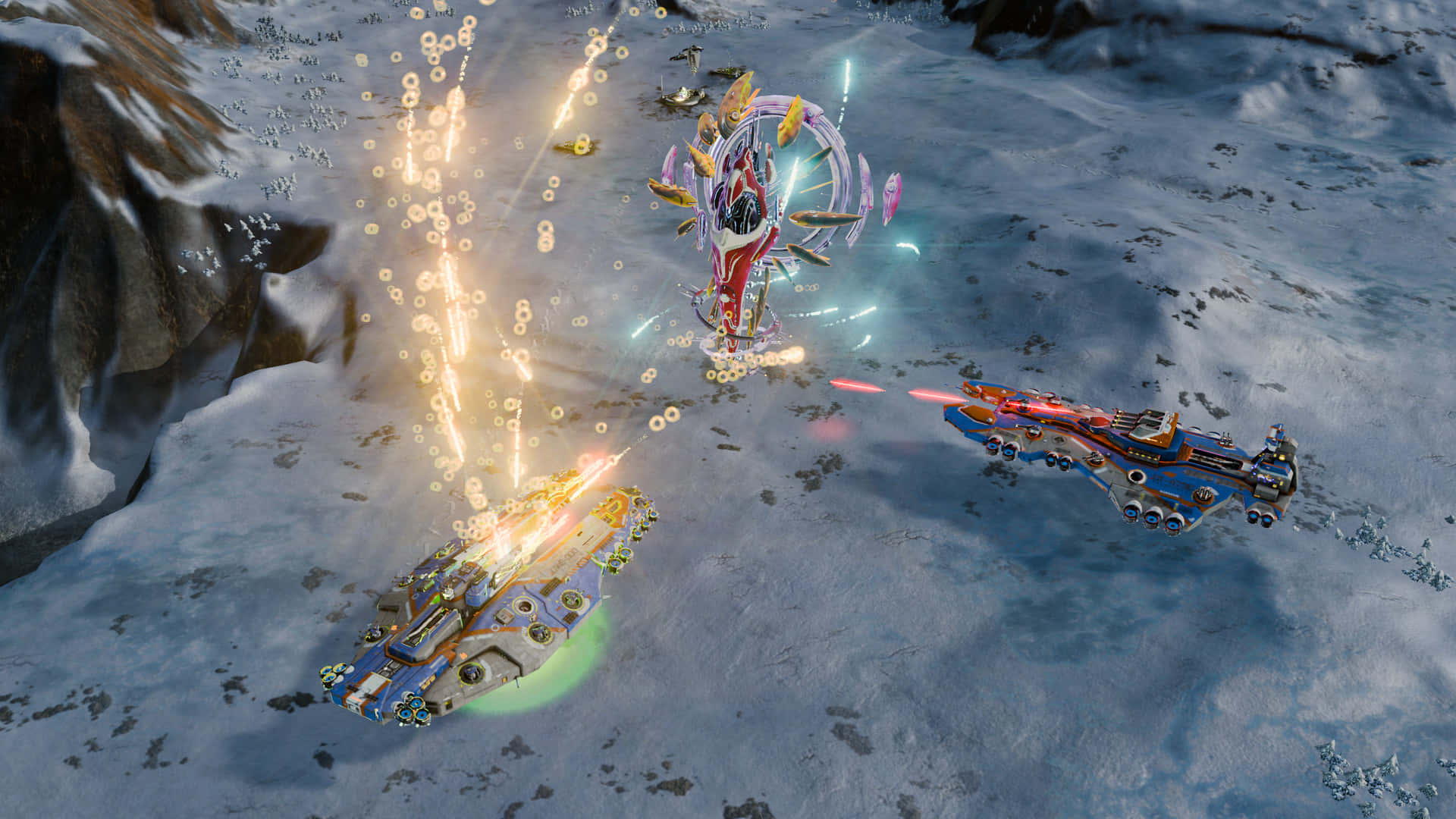 1920x1080 Ashes Of The Singularity 桌布 壁紙 — 三艘未來風格的太空船在雪白的外星景觀中發射能量光束，展開一場高風險的戰鬥。
