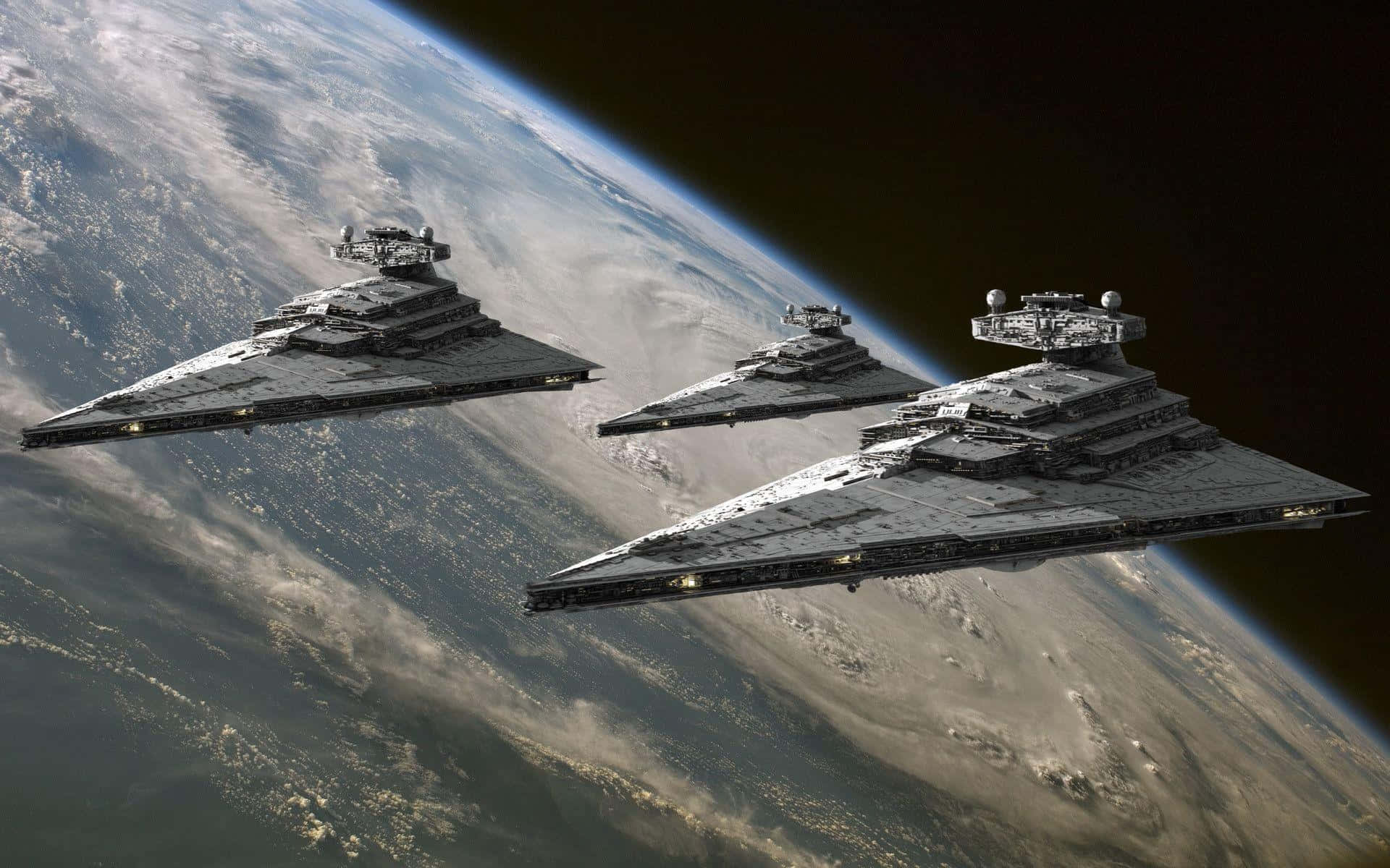 三艘星際驅逐艦在太空中環繞行星 — 行星動畫 壁紙