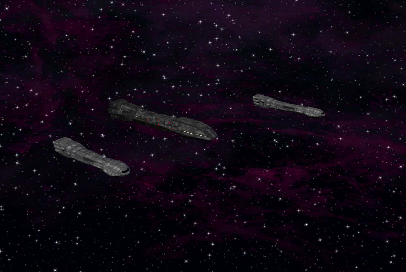 Star Wars Space 桌布 壁紙 — 三艘流線型灰色太空船在星空中滑行，背景是旋轉的紫色星雲。