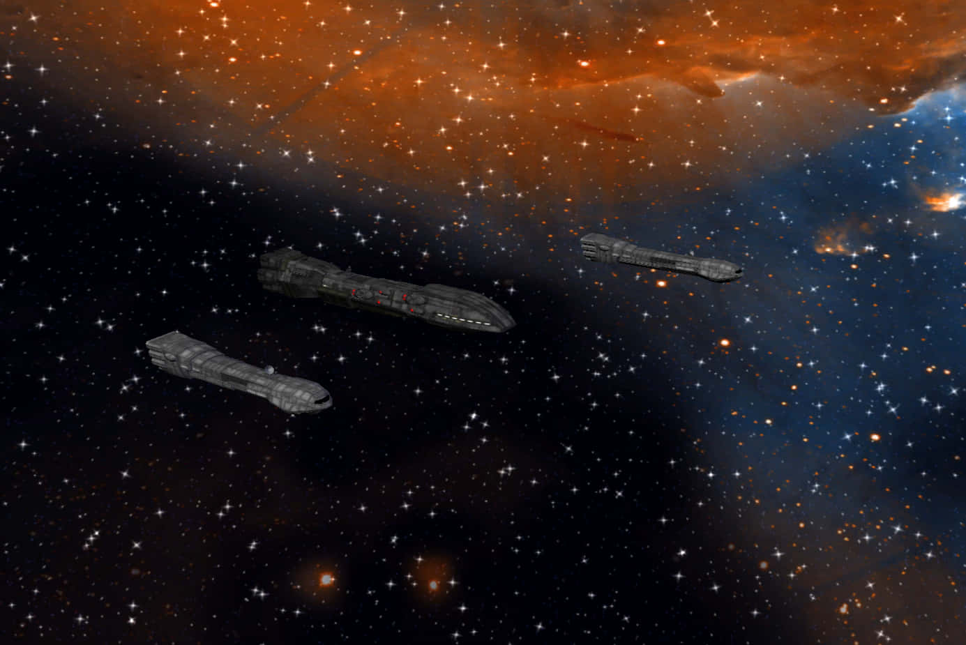 Star Wars Space 桌布 壁紙 — 三艘流線型灰色太空船滑翔穿過一個充滿活力的宇宙星雲，散發著橙色和藍色的星光。