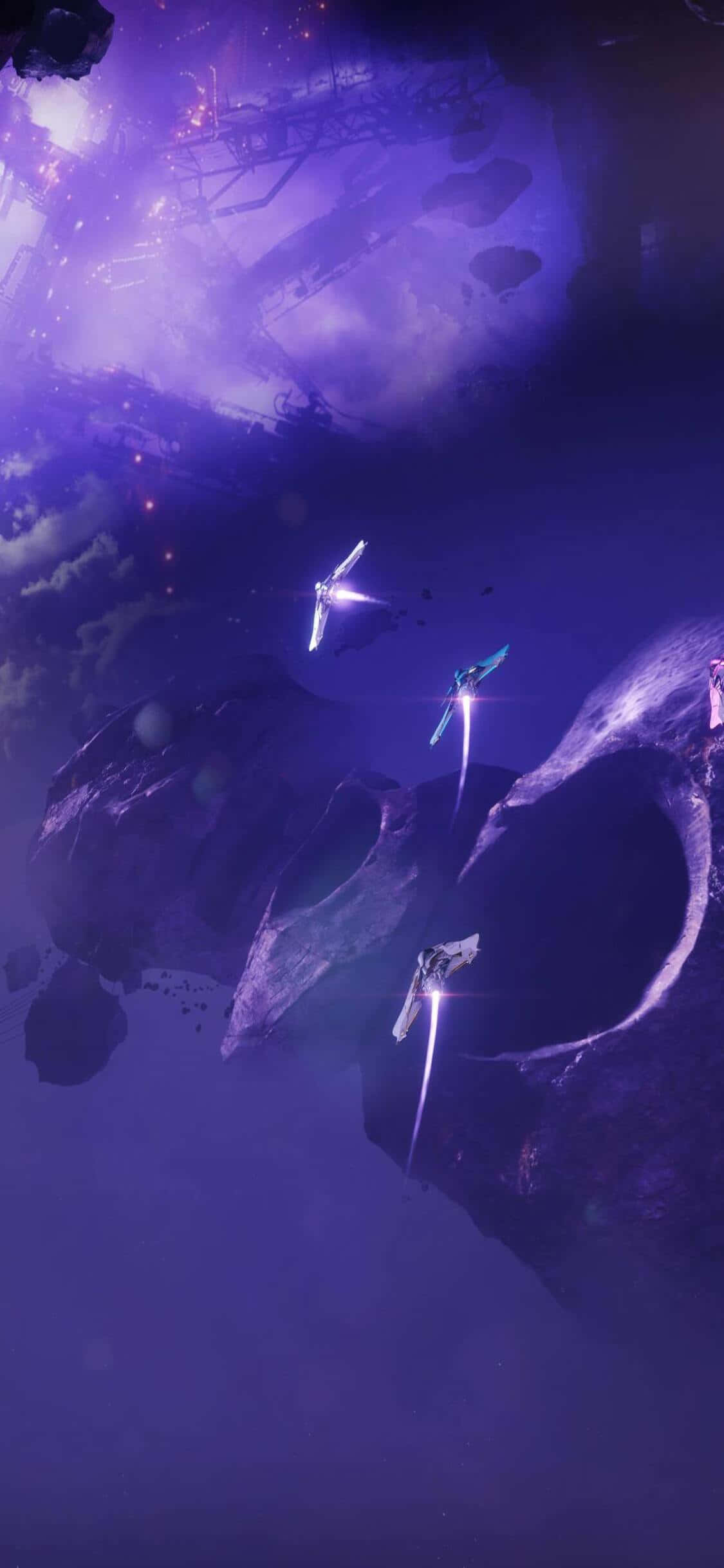 iPhone Xs Destiny 2 桌布 壁紙 — 三艘發光的未來太空船在漂浮的小行星遺跡附近穿越廣闊的紫色星雲。