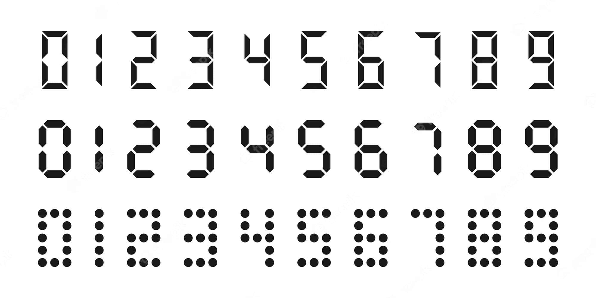 Black And White Number 桌布 壁紙 — 三行黑色數位數字從0到9，以塊狀分段和點狀樣式顯示在乾淨的白色背景上。