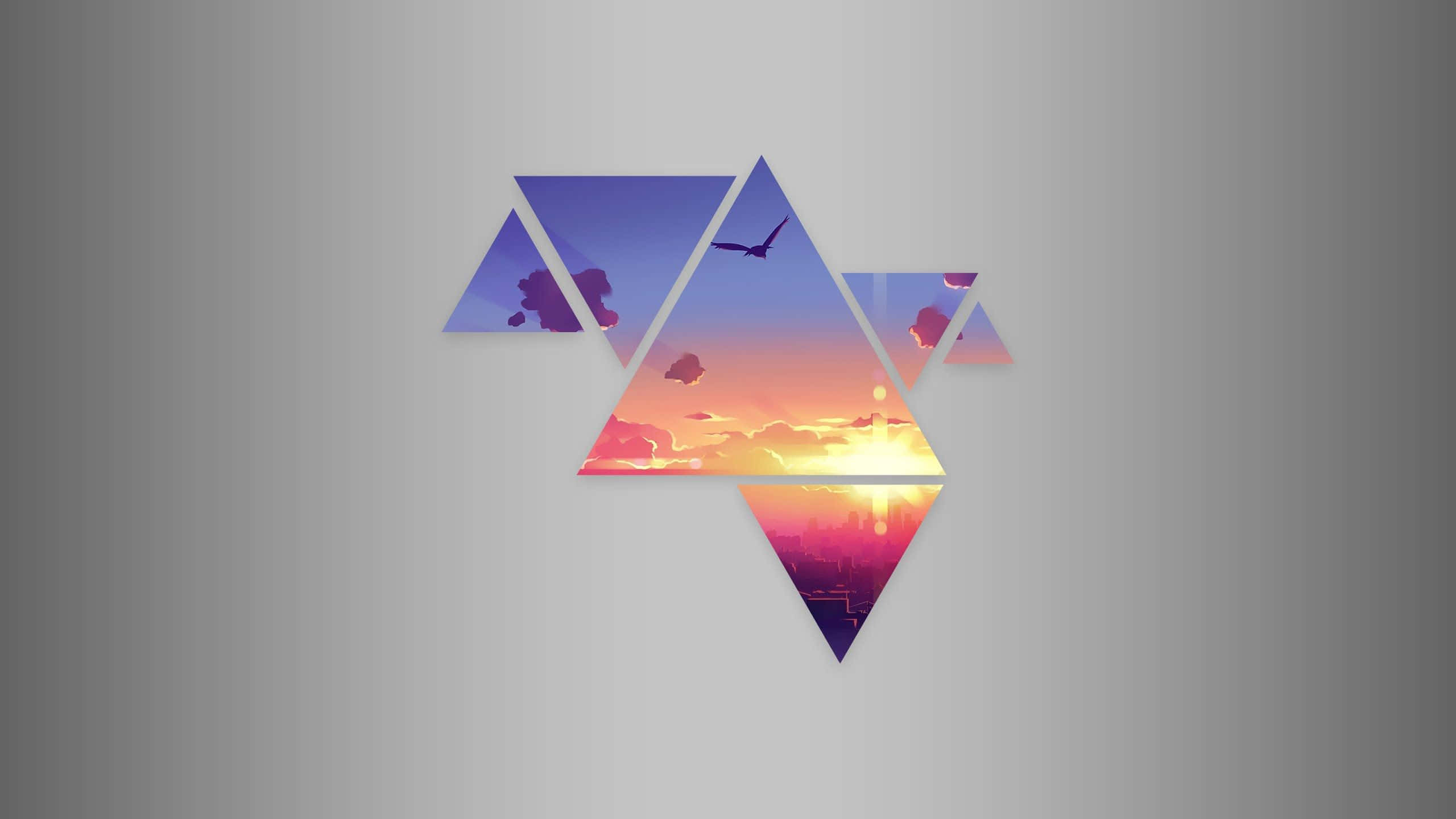 Shapes 桌布 壁紙 — 三角形玻璃碎片展示出城市上空夕陽西下的鮮豔色彩，一架飛機在漸變色天空中飛翔。