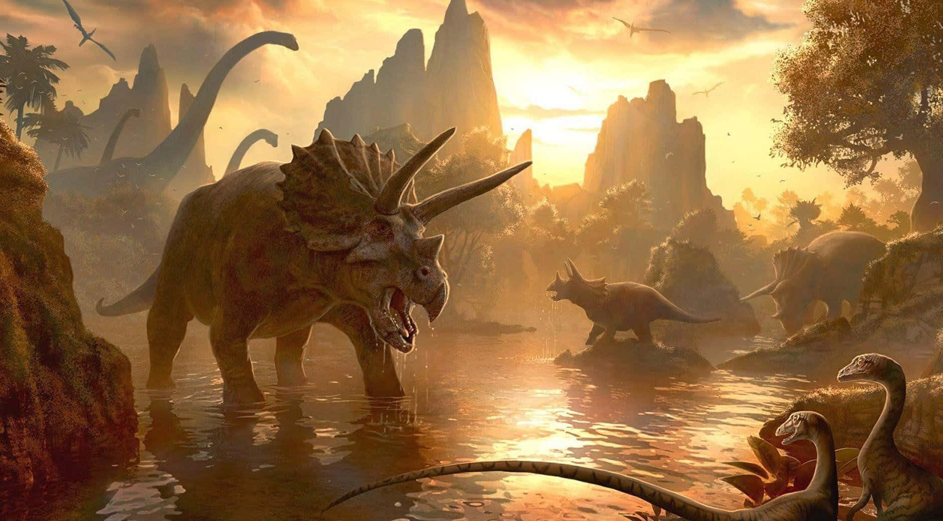 Jurassic World 桌布 壁紙 — 三角龍在金色夕陽河流中咆哮，其他恐龍在霧氣瀰漫的史前山谷中漫步。