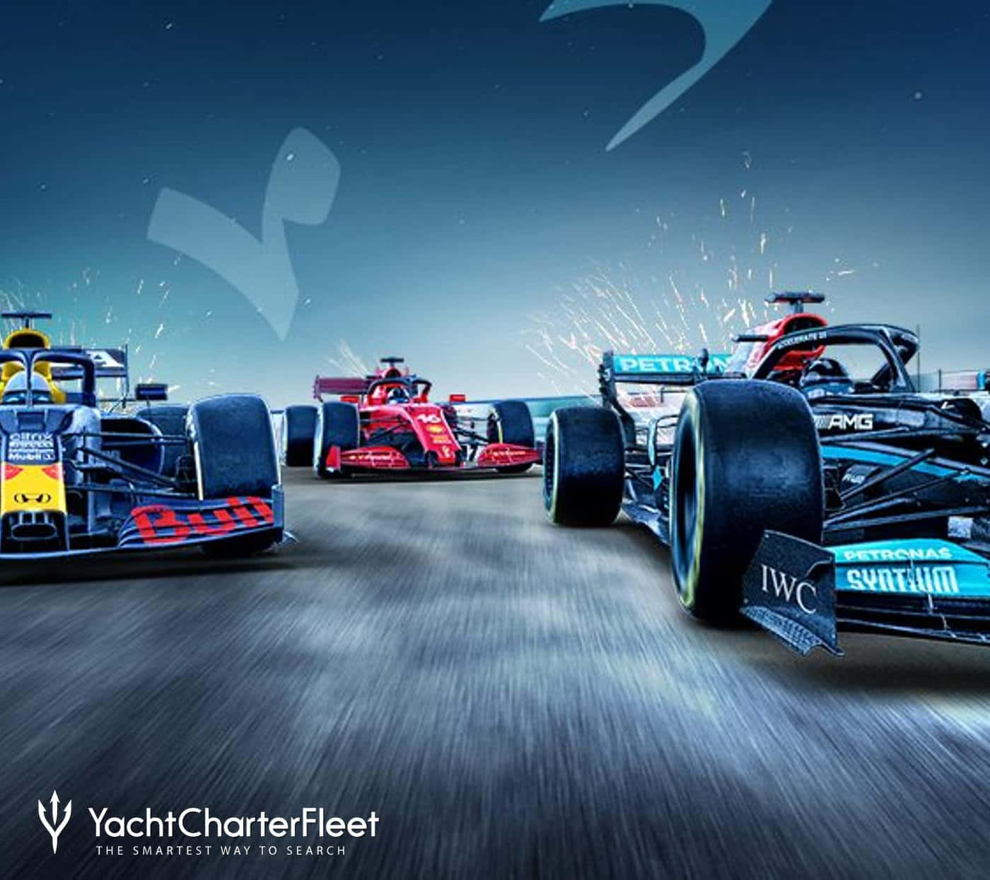 F1 2016 桌布 壁紙 — 三輛一級方程式賽車在賽道上並排飛馳，火花四濺，天空中有風格化的標誌。