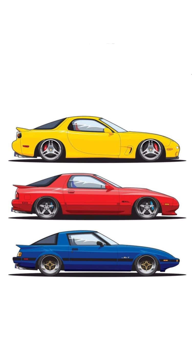 Mazda 桌布 壁紙 — 三輛充滿活力的卡通風格跑車黃色、紅色和藍色並排展示在純白色背景上。