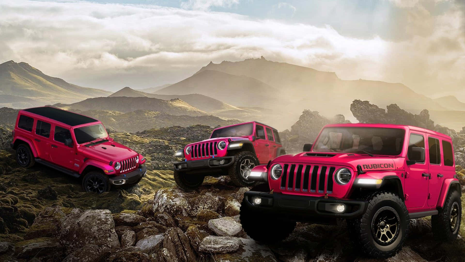 吉普 桌布 壁紙 — 三輛充滿活力的粉紅色Jeep Rubicon SUV在戲劇性的多雲天空下征服崎嶇的火山地形。
