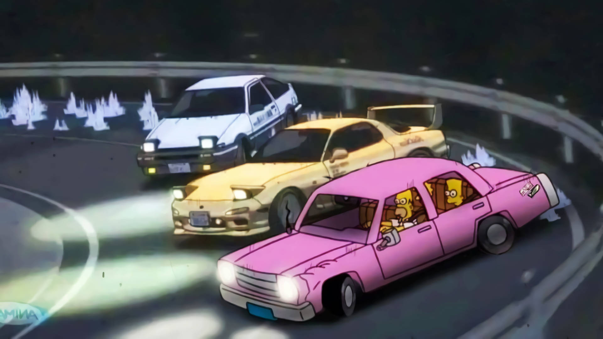  壁紙 — 三輛動畫車在夜間於雪地賽道上飄移，車頭燈劃破黑暗。