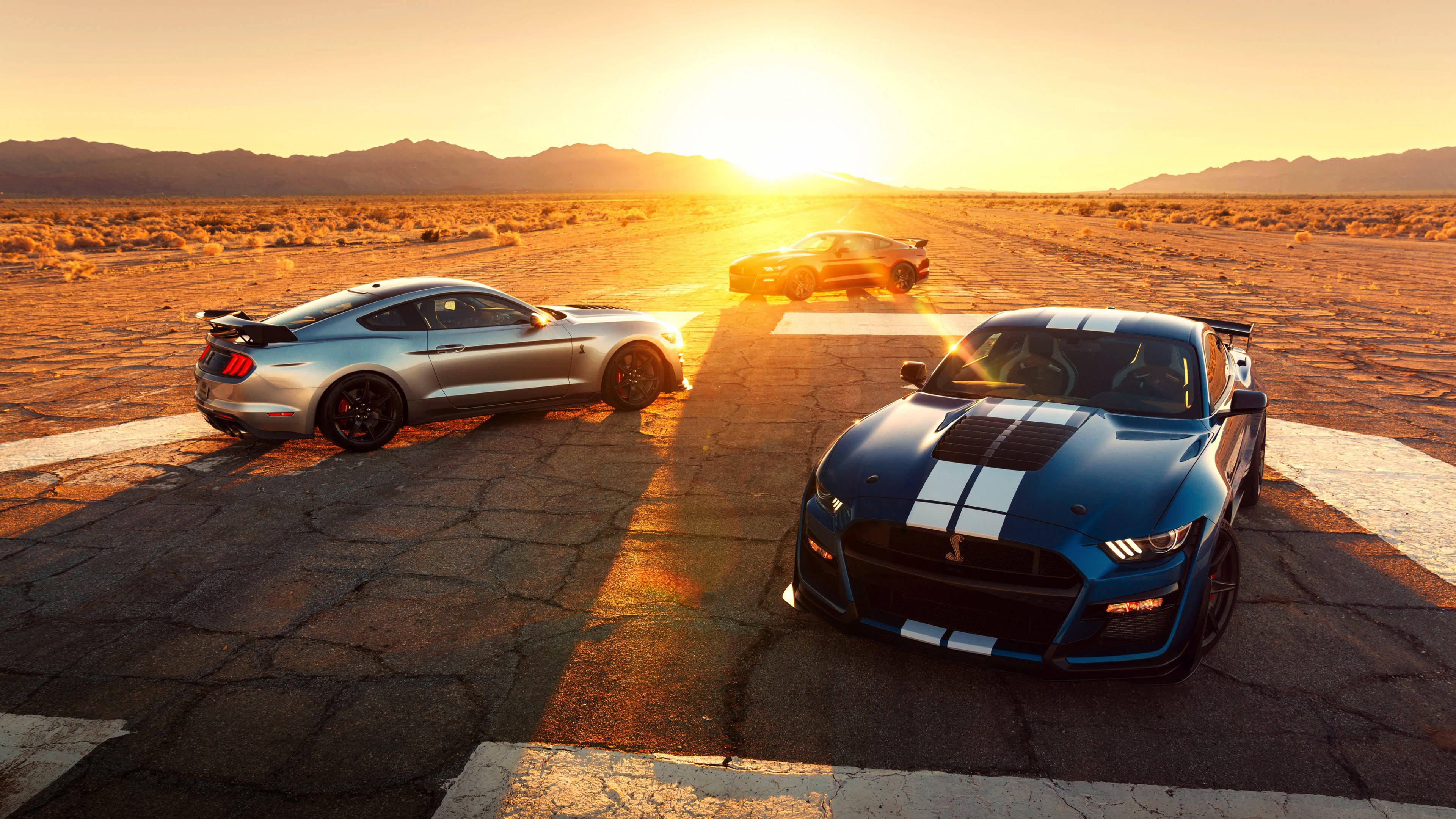 mustang HD 桌布 壁紙 — 三輛時尚肌肉車停在龜裂的沙漠賽道上，夕陽在遠山後落下，投下長長的金色陰影。