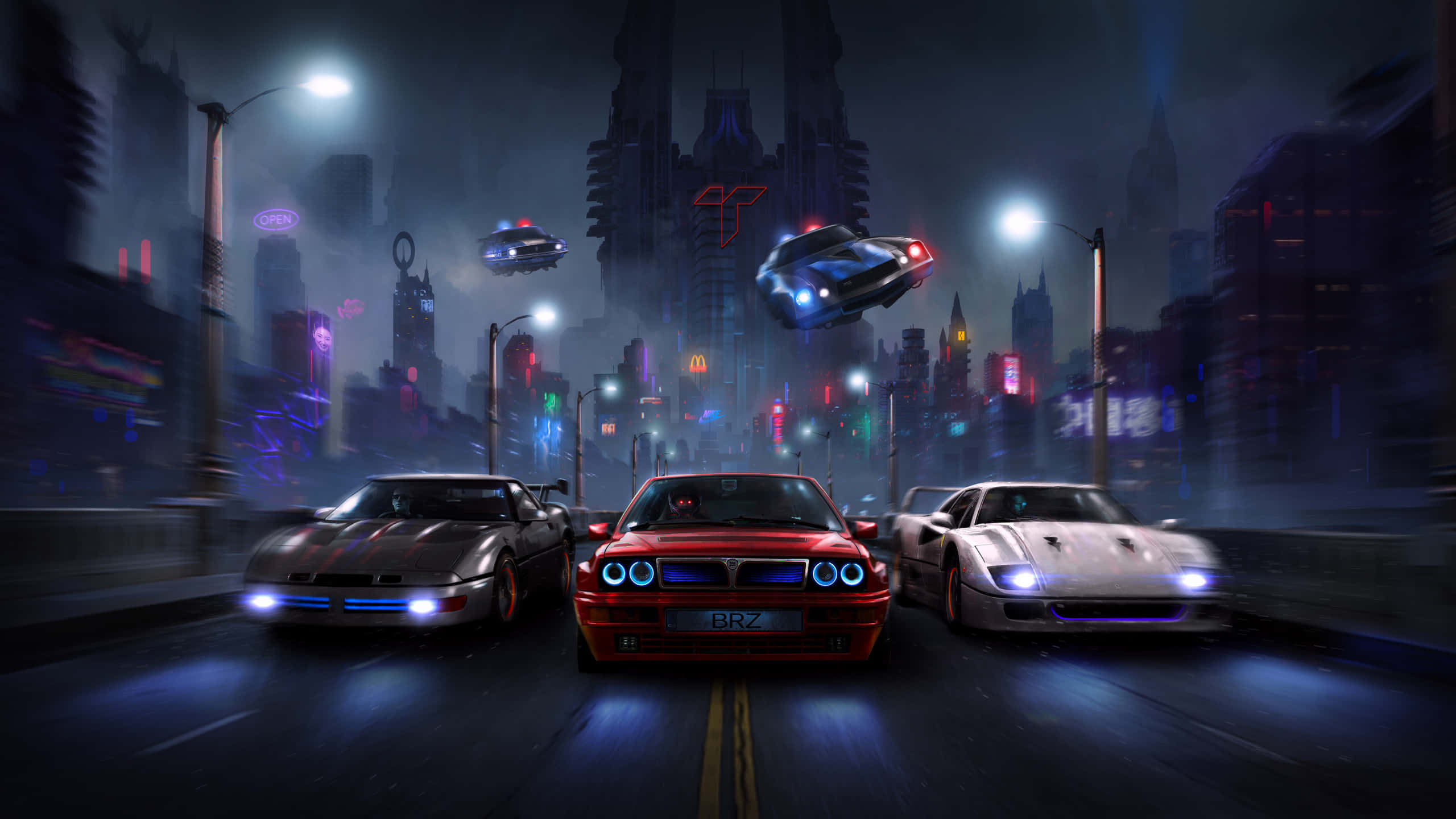 City Night 桌布 壁紙 — 三輛未來主義跑車在夜晚穿過霓虹燈照亮的賽博龐克城市，頭頂有飛行車輛。