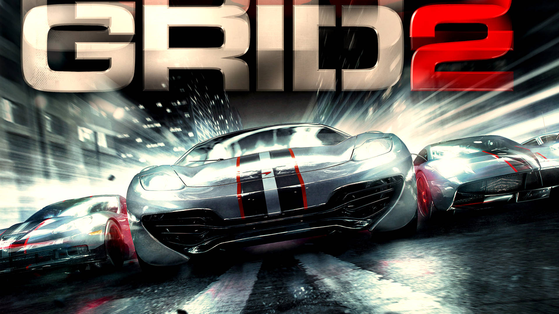 grid 桌布 壁紙 — 三輛流線型賽車在戲劇性燈光下於濕滑賽道上疾馳，上方帶有「GRID 2」標題。