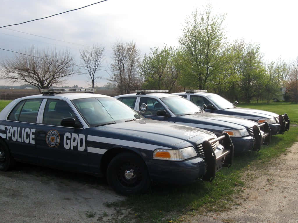 Gotham City Police Department 桌布 壁紙 — 三輛深藍色GPD警車排成一列停放在草地上，天空多雲，後面有發芽的樹木。