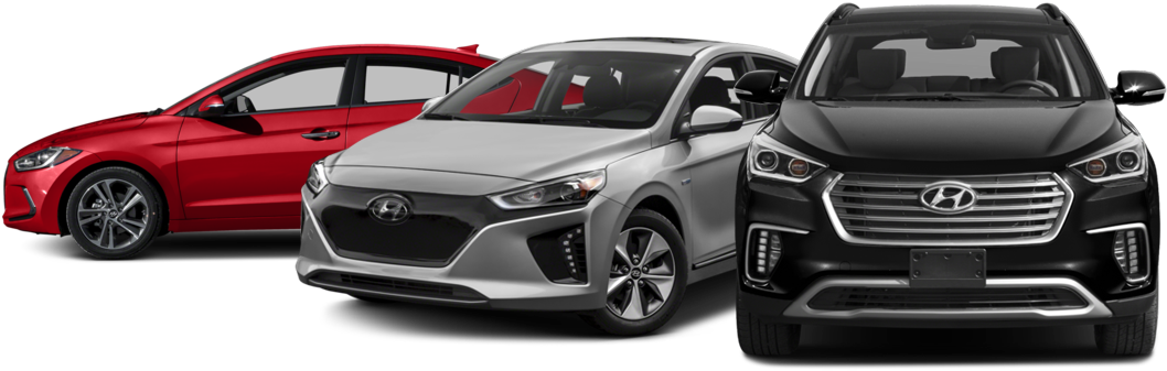 Hyundai 桌布 壁紙 — 三輛現代Hyundai汽車（紅色、銀色和黑色）在純黑色背景下展示。