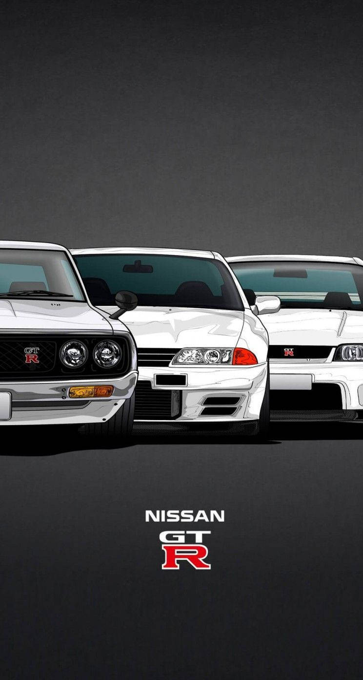 日產 桌布 壁紙 — 三輛白色日產GT-R跑車在深灰色背景前排成一列，下方有日產GT-R標誌。