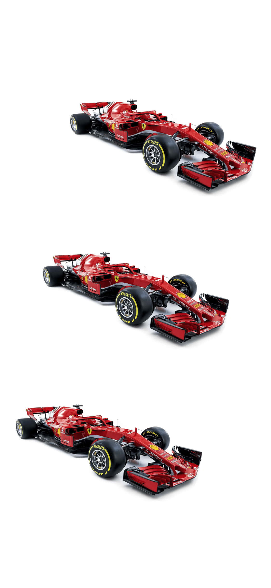 F1 2018 桌布 壁紙 — 三輛相同的紅色法拉利一級方程式賽車從不同角度展示在乾淨的白色背景上。