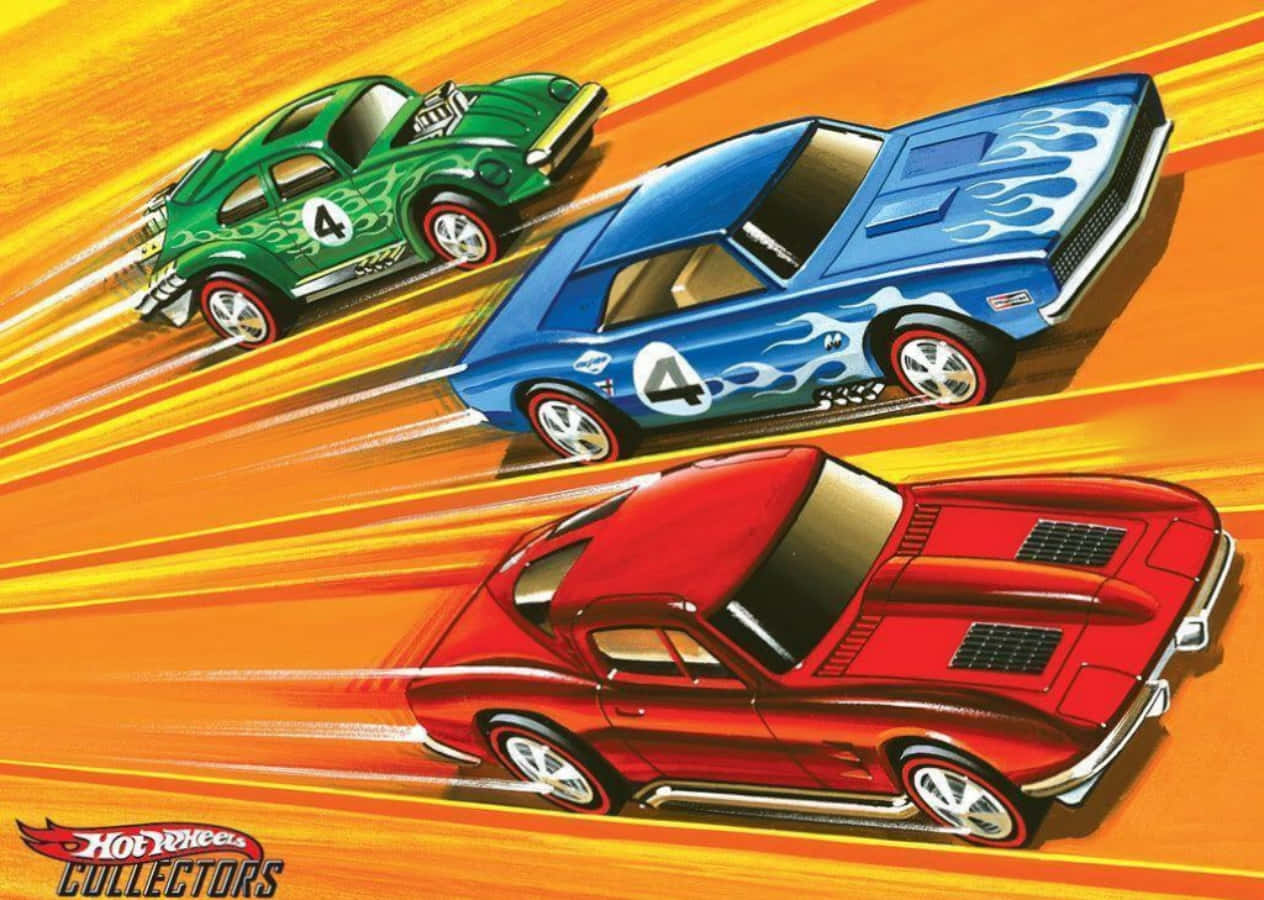 Hot Wheels 桌布 壁紙 — 三輛色彩繽紛的Hot Wheels汽車在帶有動態模糊效果的火焰橙色條紋背景上斜向飛馳。