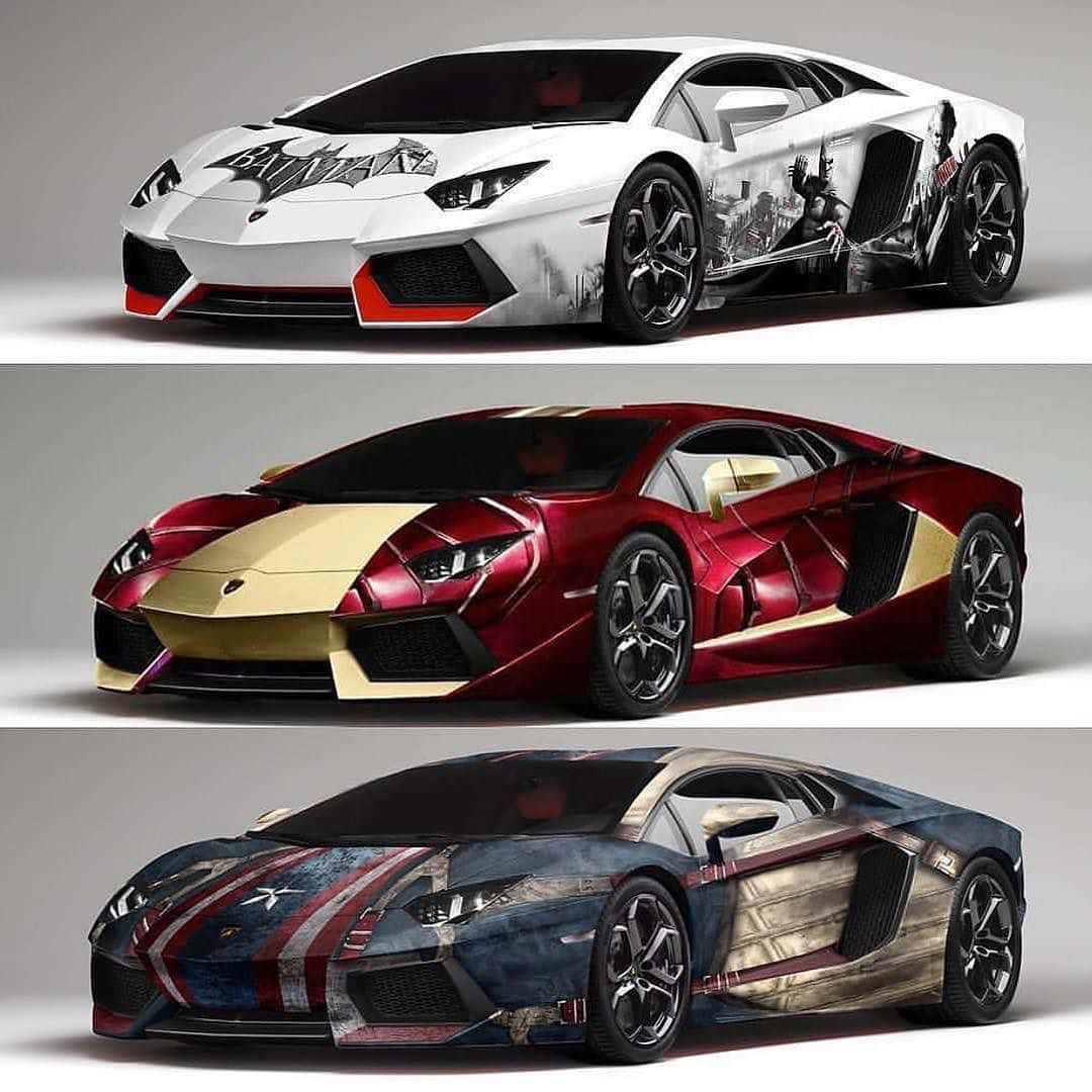 Cool Lamborghinis 桌布 壁紙 — 三輛藍寶堅尼跑車，以蝙蝠俠、鋼鐵人和美國隊長的漫畫藝術定制，在工作室燈光下拍攝。