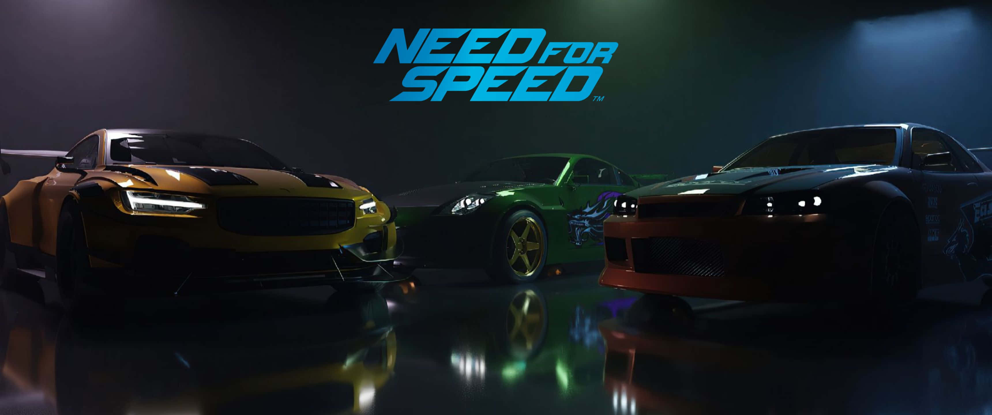 3440x1440p Need For Speed 桌布 壁紙 — 三輛賽車在反射舞台上於戲劇性聚光燈下發光，上方有 'Need for Speed' 標誌。
