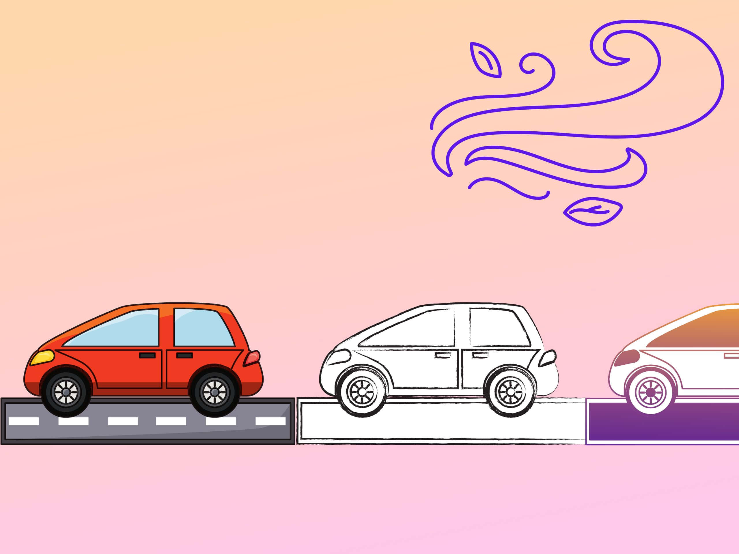 2560x1920 桌布 壁紙 — 三輛風格化的汽車，以紅色、白色和漸變色調，在紫色樹葉風漩渦下，行駛在粉彩天空的道路上。
