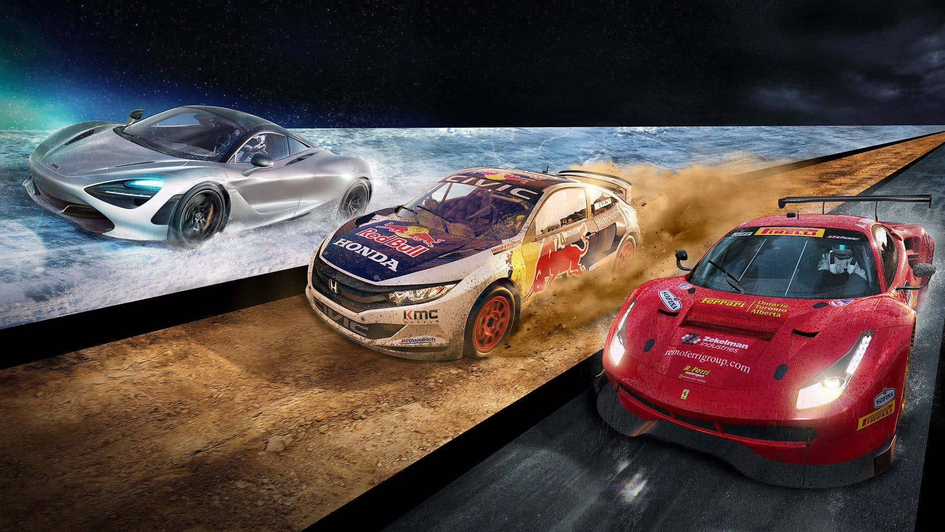 HD Project Cars 2 桌布 壁紙 — 三輛高性能賽車在星空下，於一條分為水和泥土的賽道上飛馳。
