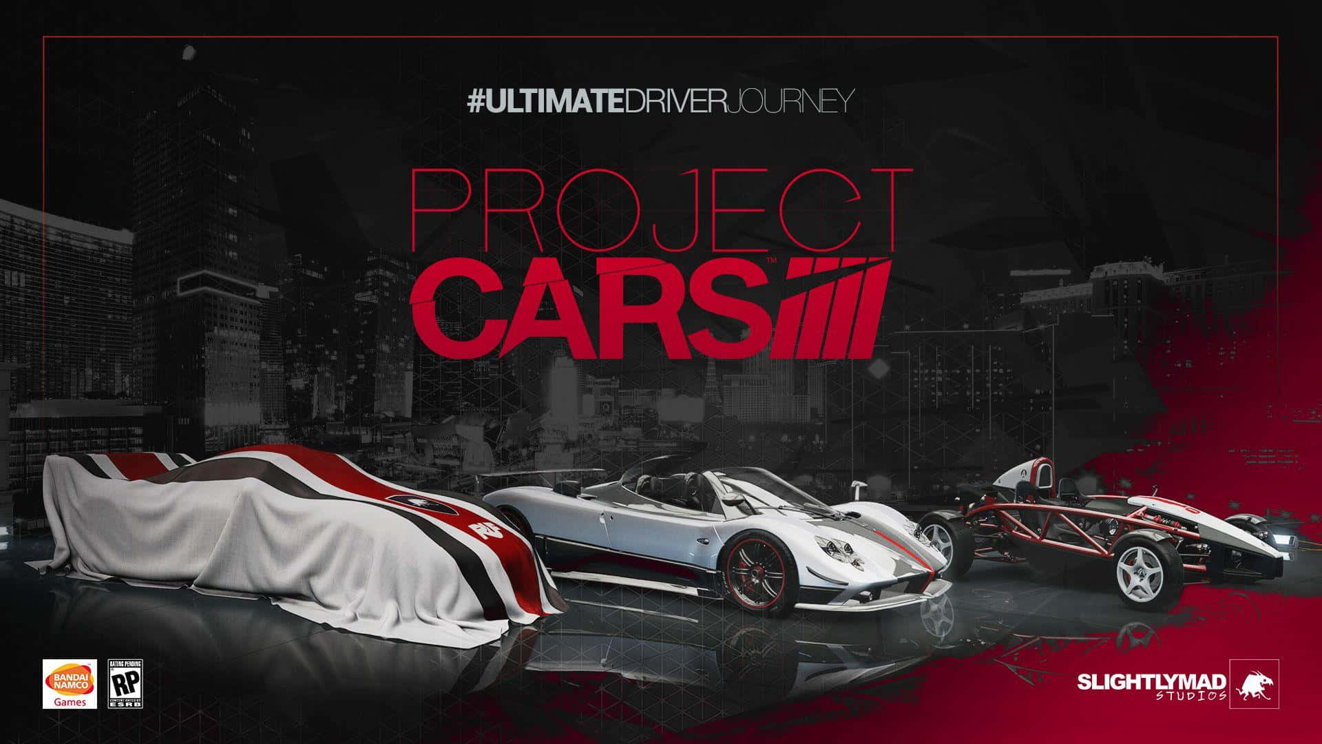 Best Project Cars 2 桌布 壁紙 — 三輛高性能賽車在時尚的城市環境中展示，配有粗體紅色字體和戲劇性燈光。