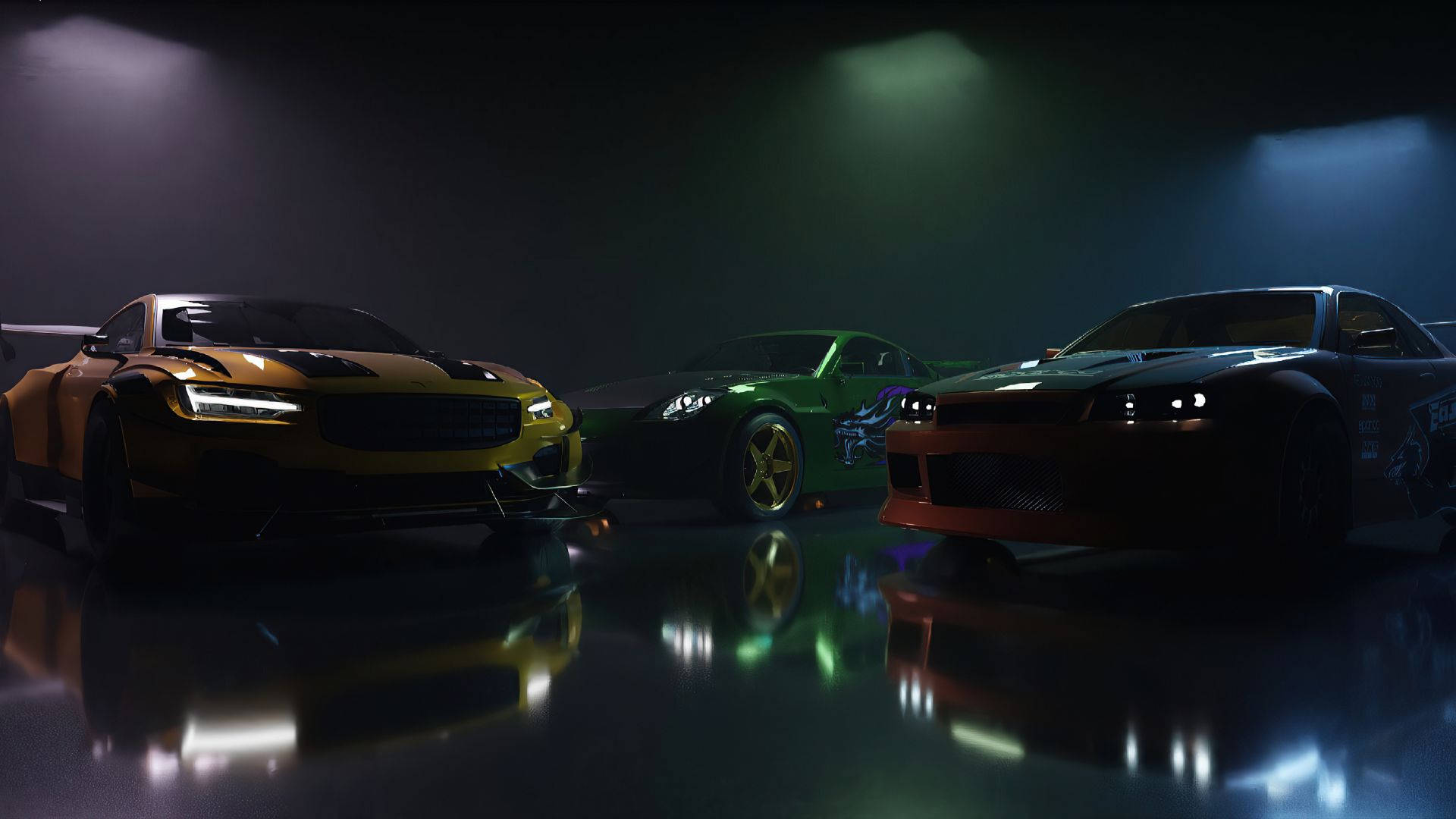 Need For Speed Desktop 桌布 壁紙 — 三輛高性能跑車在黑暗工作室的反射地板上，在戲劇性的聚光燈下閃閃發光。