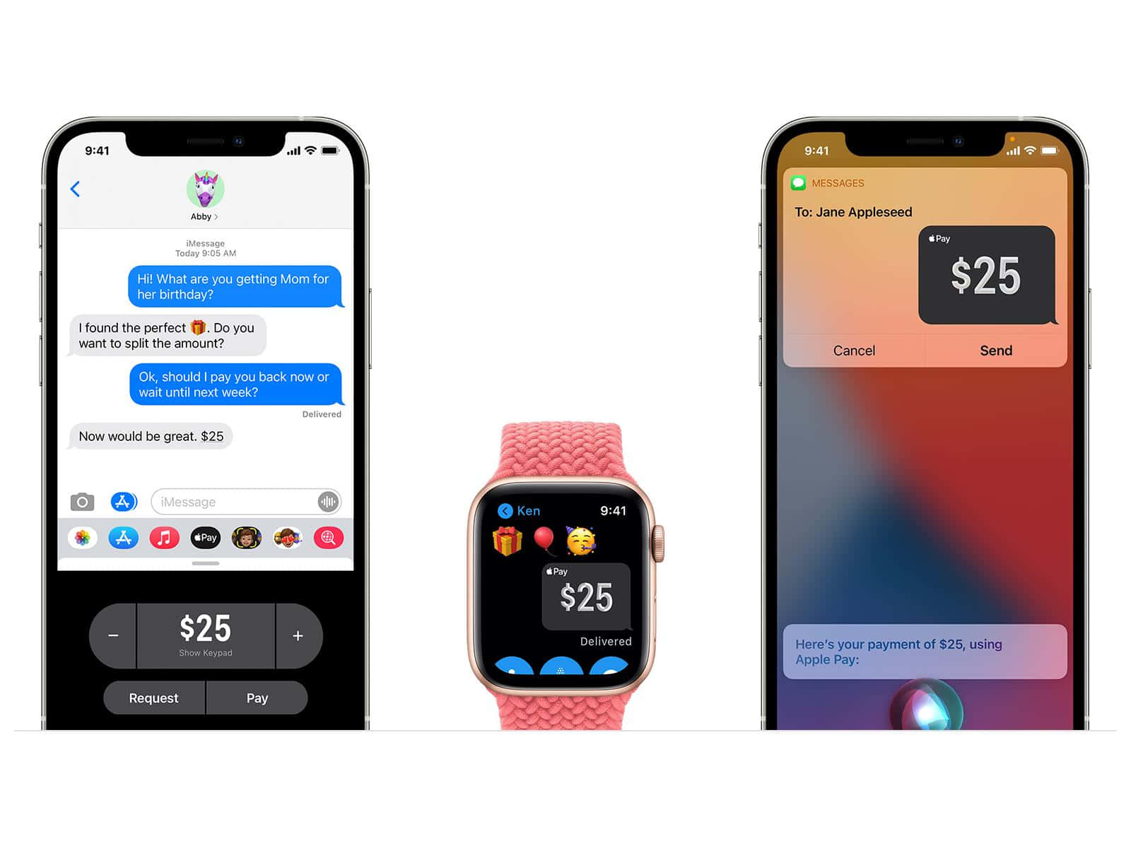 三部 Apple 裝置顯示一筆進行中的 $25 Apple Pay 交易。 — 智慧手錶 GIF 壁紙