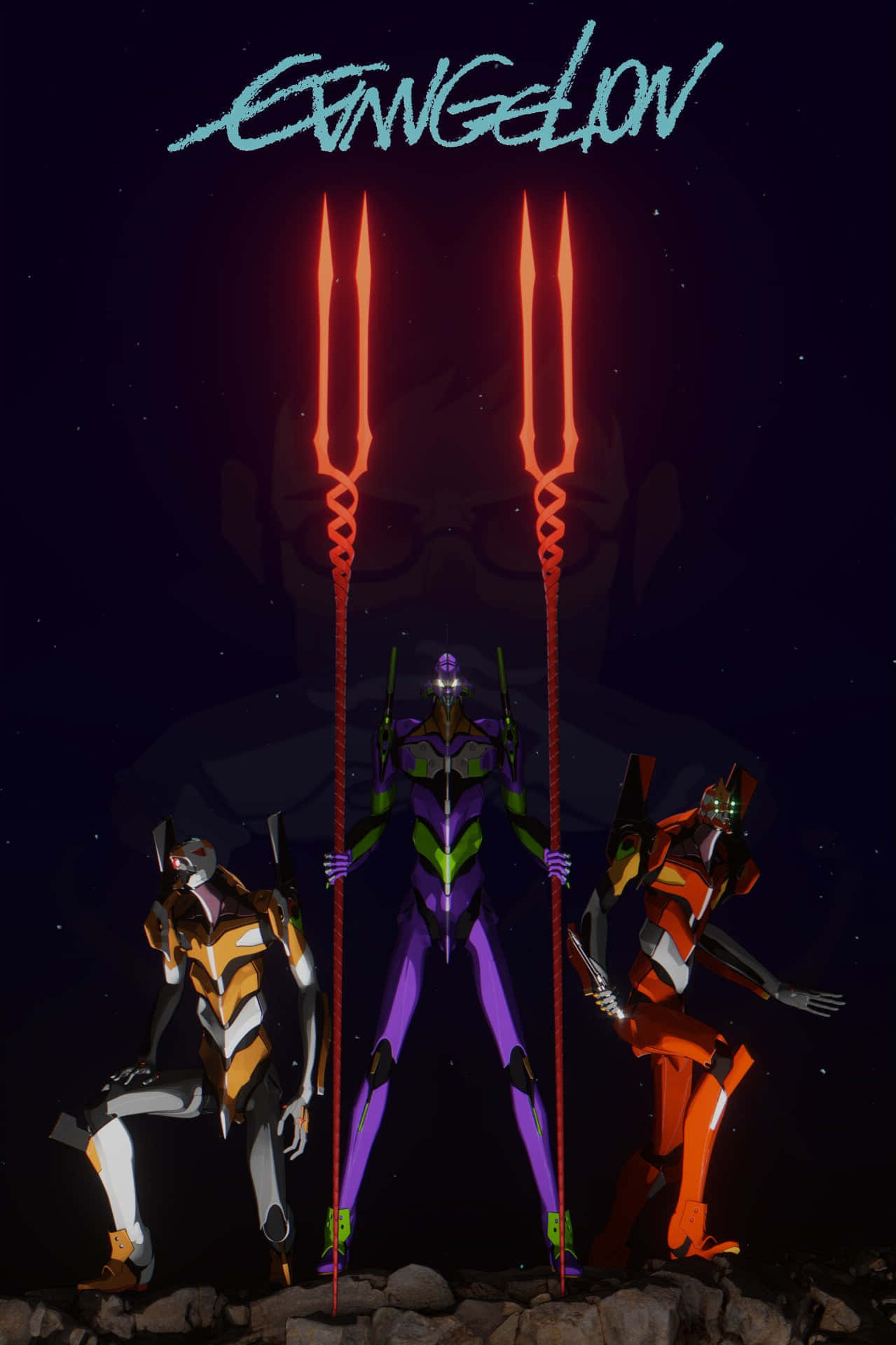 Evangelion 30 10 桌布 壁紙 — 三部 Evangelion 機甲站在岩石地形上，背景是星空夜空，發光的橙色三叉戟和一個巨大的面孔剪影在他們身後。