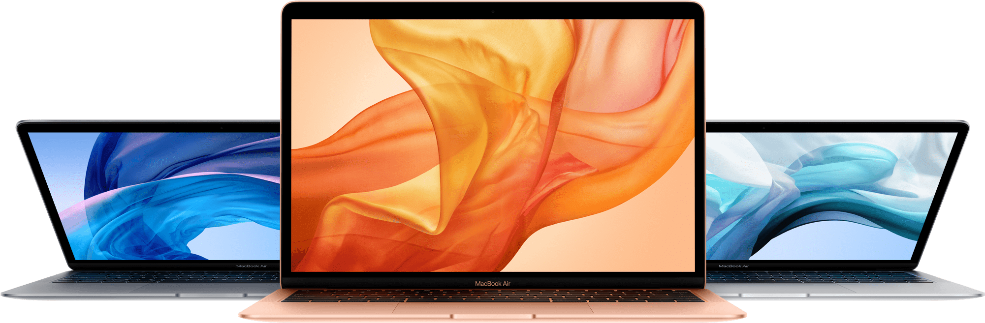 MacBook 動態圖片 桌布 壁紙 — 三部 MacBook Air 筆記型電腦並排展示，螢幕上顯示鮮豔的抽象布料桌布，背景為黑色。