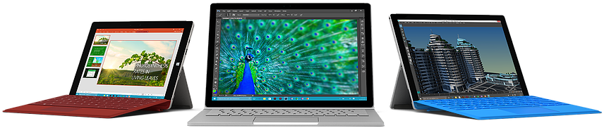 microsoft 桌布 壁紙 — 三部 Microsoft Surface 裝置在黑色背景上展示鮮豔的桌布：樹林田野、孔雀和城市景觀。
