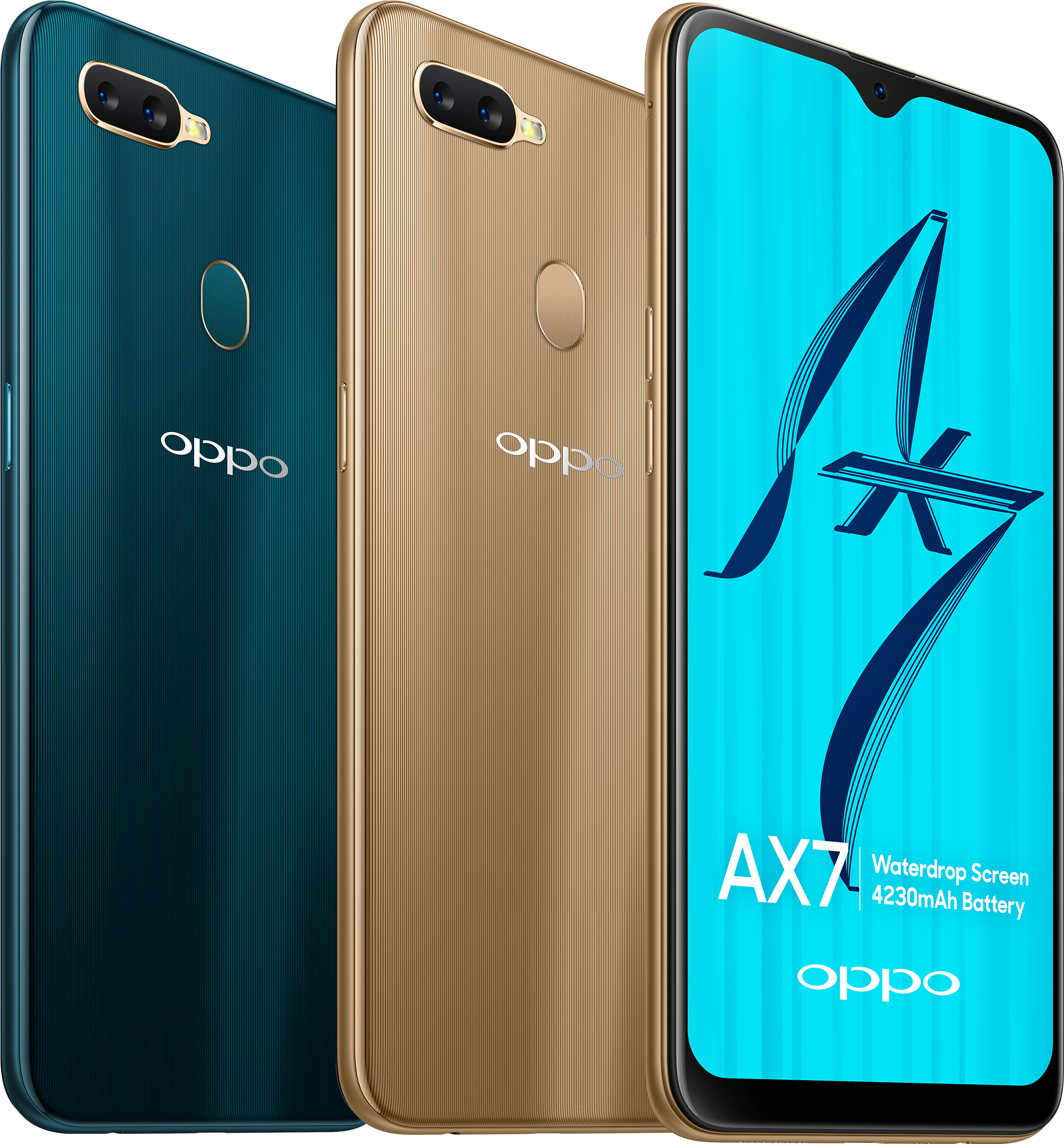 Oppo Mobile 桌布 壁紙 — 三部 OPPO AX7 智慧型手機，分別為青綠色、金色和黑色，展示其雙鏡頭和顯示規格的鮮豔藍色螢幕。