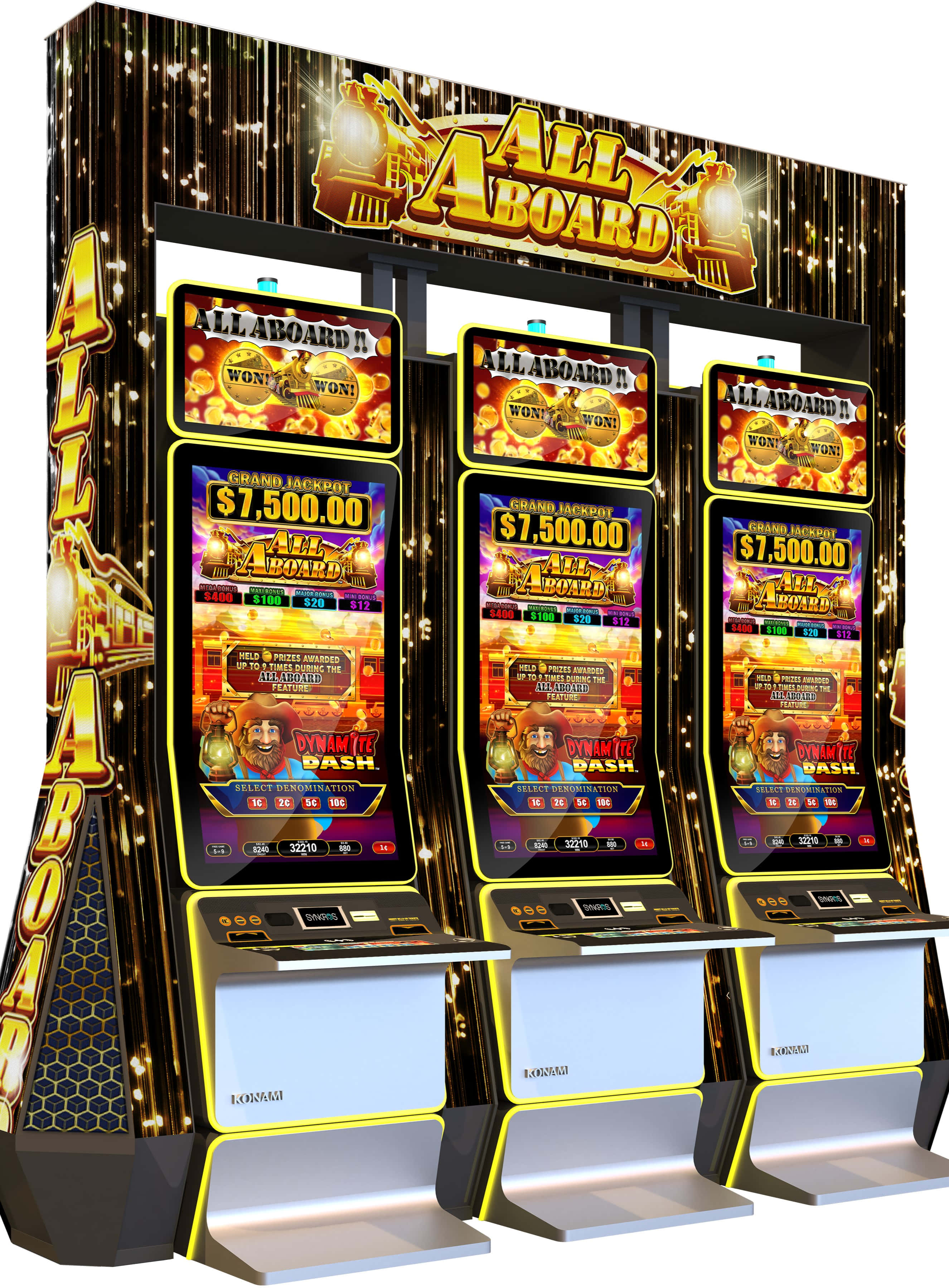 Slot Machine 桌布 壁紙 — 三部搶眼的「All Aboard」老虎機在閃爍背景下發出金色光芒，顯示$7,500累積獎金。