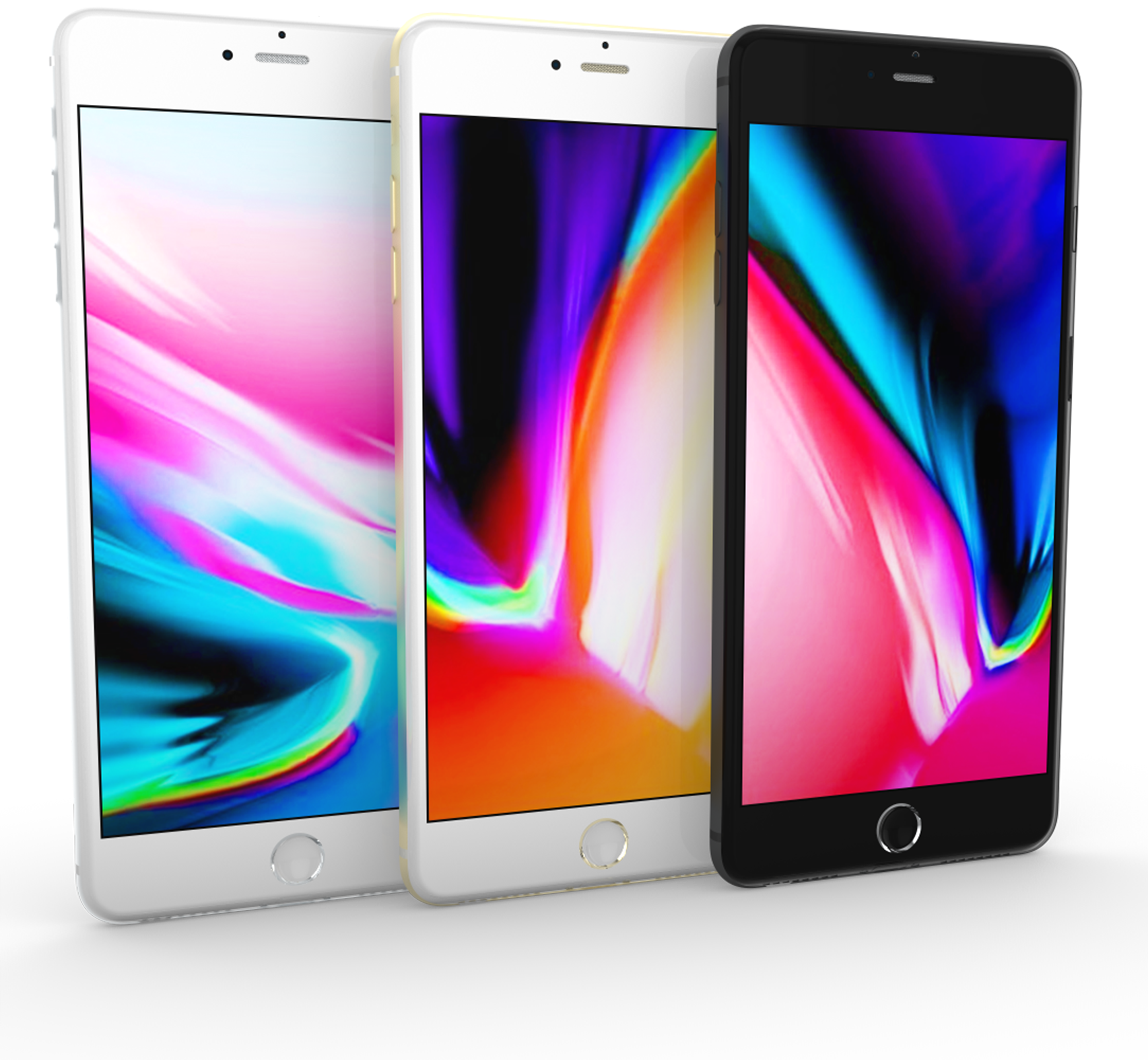 Smart Phone 桌布 壁紙 — 三部智慧型手機在黑色背景上顯示色彩繽紛的抽象桌布。
