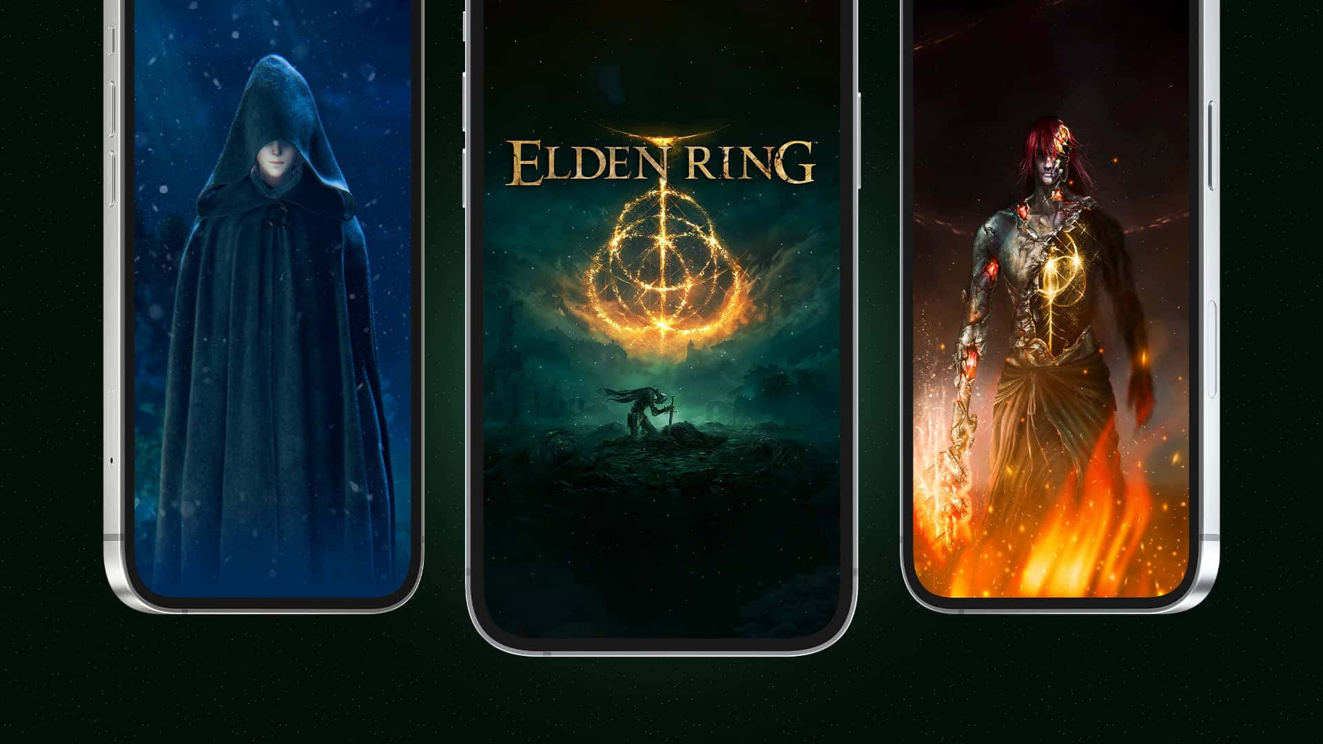 艾爾登法環 桌布 壁紙 — 三部智慧型手機展示《Elden Ring》遊戲藝術：雪地中的兜帽人物、孤獨戰士上方的發光環，以及火焰裝甲惡魔。