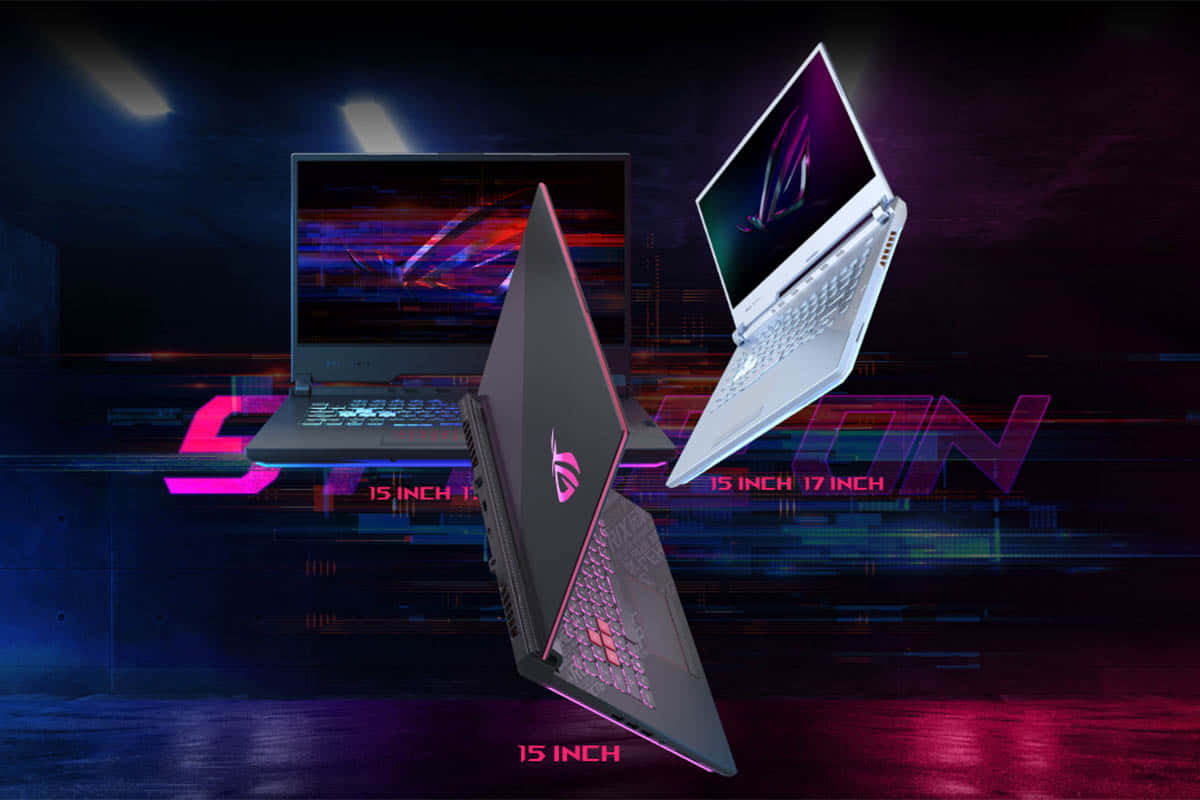 華碩 ROG 桌布 壁紙 — 三部浮動遊戲筆記型電腦，配備發光RGB鍵盤和鮮豔螢幕，背景為黑暗的賽博龐克風格，帶有霓虹條紋。