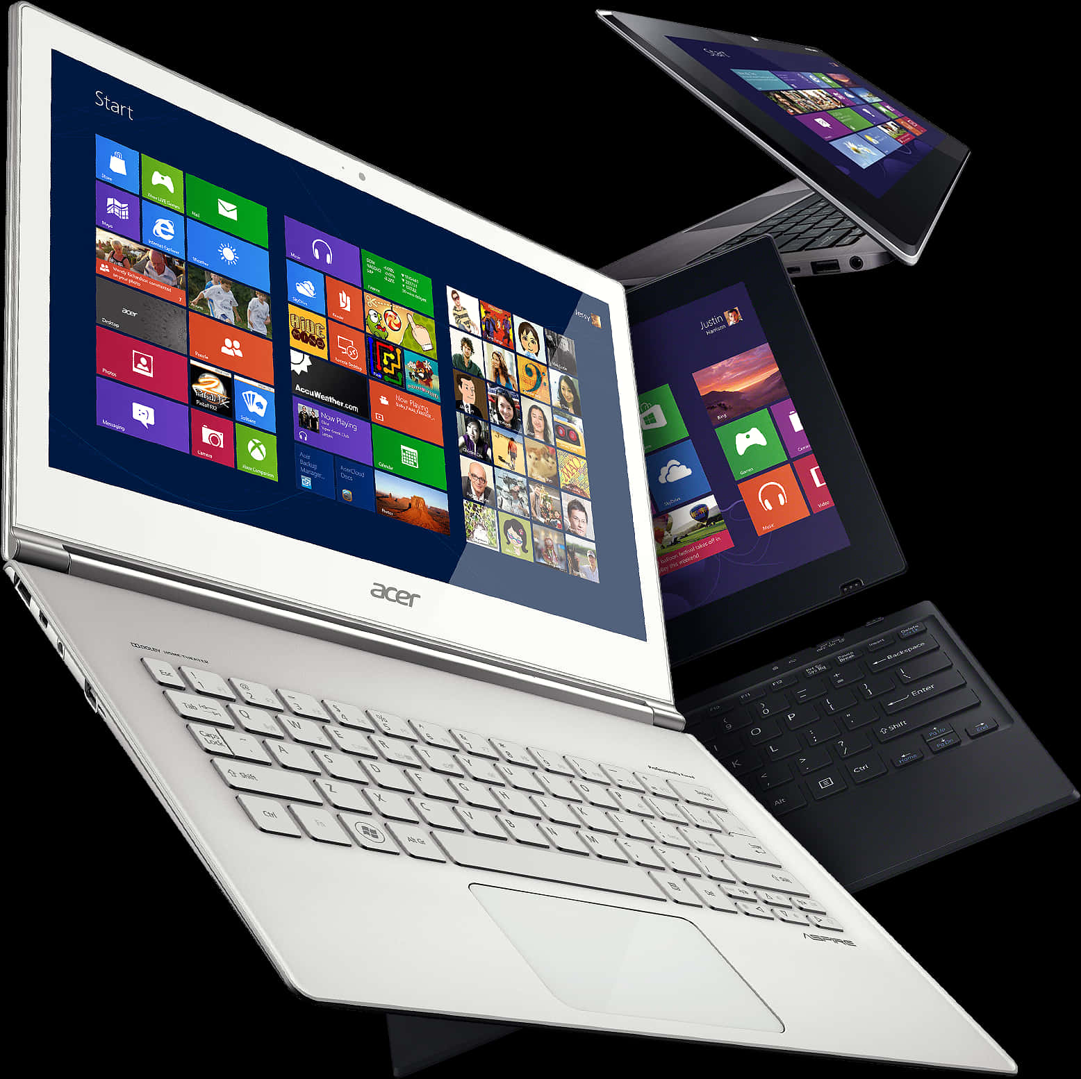 Laptops 桌布 壁紙 — 三部白色和黑色的Acer筆記型電腦在黑色背景上漂浮，顯示色彩繽紛的Windows 8開始畫面。