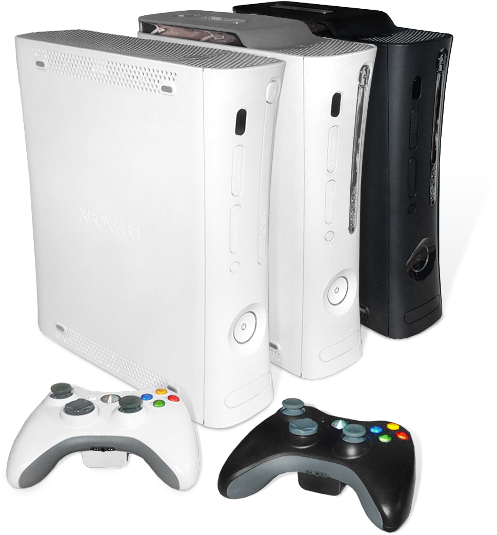 Xbox 桌布 壁紙 — 三部白色和黑色的Xbox 360主機及控制器，襯托在純黑背景上。