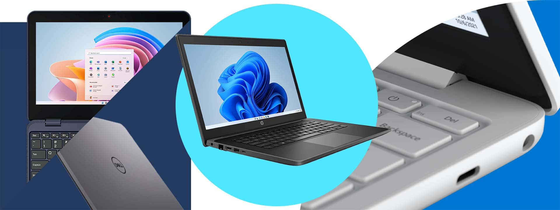Device 桌布 壁紙 — 三部筆記型電腦以動態拼貼方式展示，呈現時尚設計和鮮豔的Windows 11桌布。