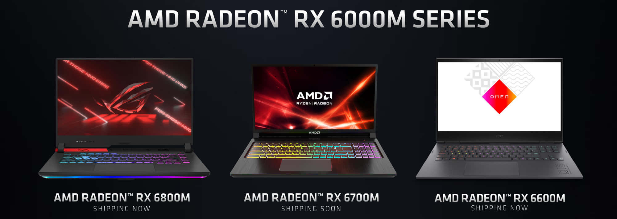 AMD 桌布 壁紙 — 三部遊戲筆記型電腦，顯示AMD Radeon RX 6000M系列顯示卡，在深色背景下帶有鮮豔的紅色和紫色燈光。