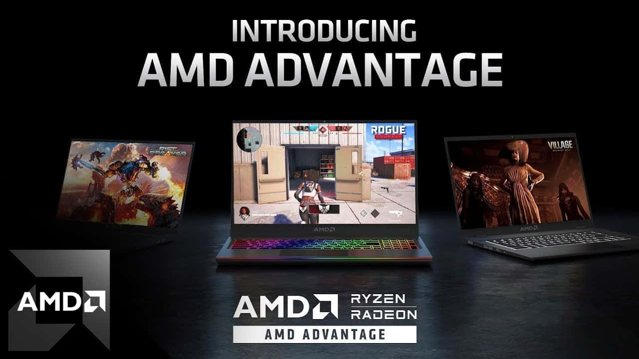 AMD 桌布 壁紙 — 三部遊戲筆記型電腦在戲劇性燈光下展示充滿活力的AAA遊戲場景，並配有發光的RGB鍵盤。