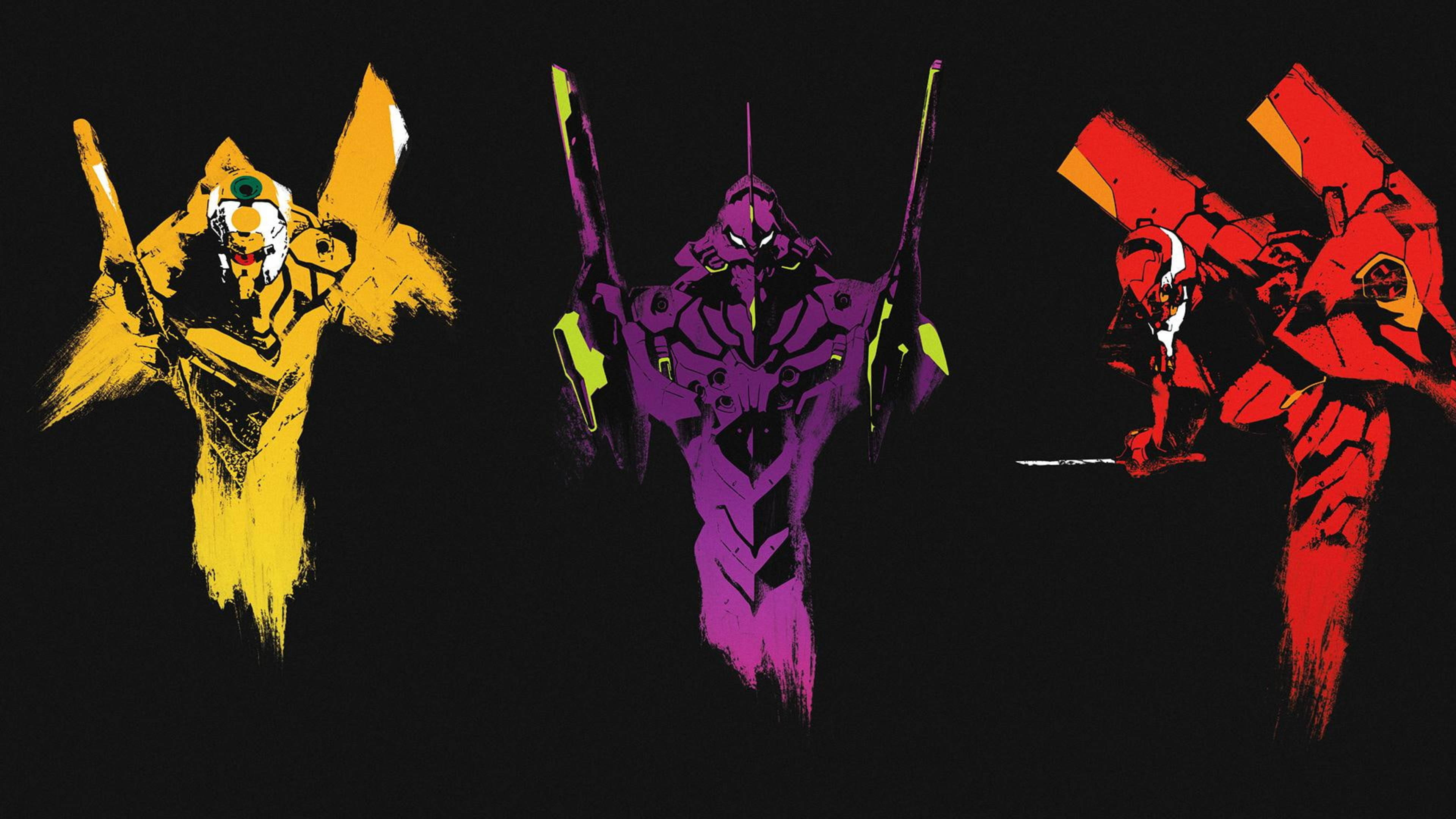 evangelion 4K 桌布 壁紙 — 三部風格化的 Evangelion 機體以鮮明的黃色、紫色和紅色，在帶有動態筆觸效果的純黑背景上矗立。
