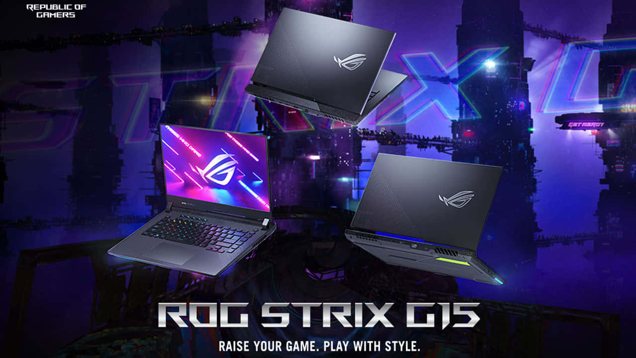 華碩 ROG 桌布 壁紙 — 三部黑色 ROG Strix G15 筆記型電腦漂浮在霓虹燈光照射的 cyberpunk 城市景觀中，帶有發光的紫色和藍色燈光。