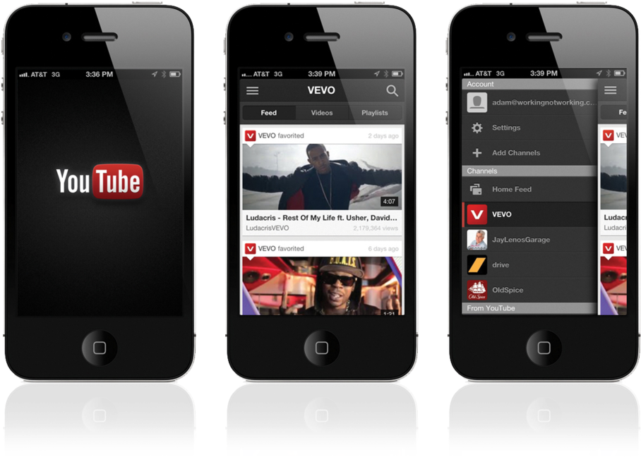 Application 桌布 壁紙 — 三部黑色智慧型手機在深色背景上顯示 YouTube 和 VEVO 應用程式介面，包含影片縮圖和帳戶設定。