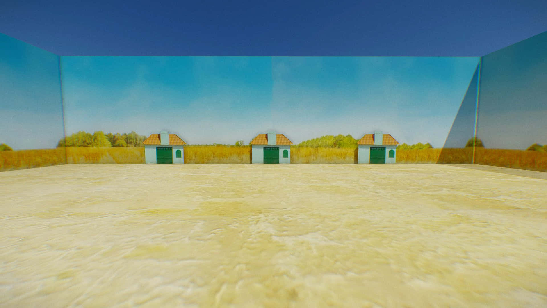 Squid Game 桌布 壁紙 — 三間有綠色門的小房子矗立在金色田野中，上方是清澈的藍天，由反射表面框住。