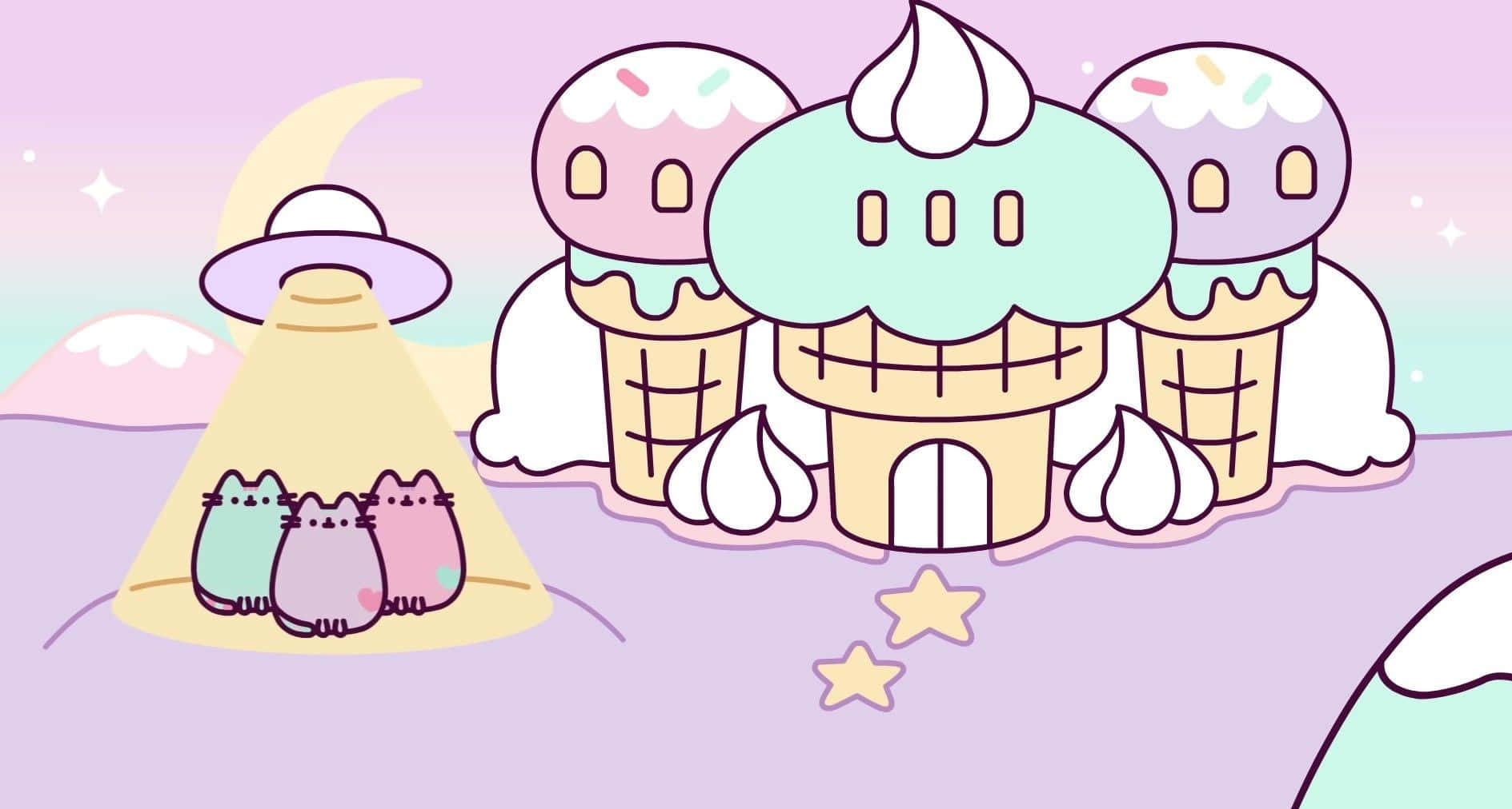 pusheen 動圖 桌布 壁紙 — 三間粉彩冰淇淋甜筒房屋，屋頂有鮮奶油，在彎月下發光，三隻Pusheen貓坐在UFO的光束中。