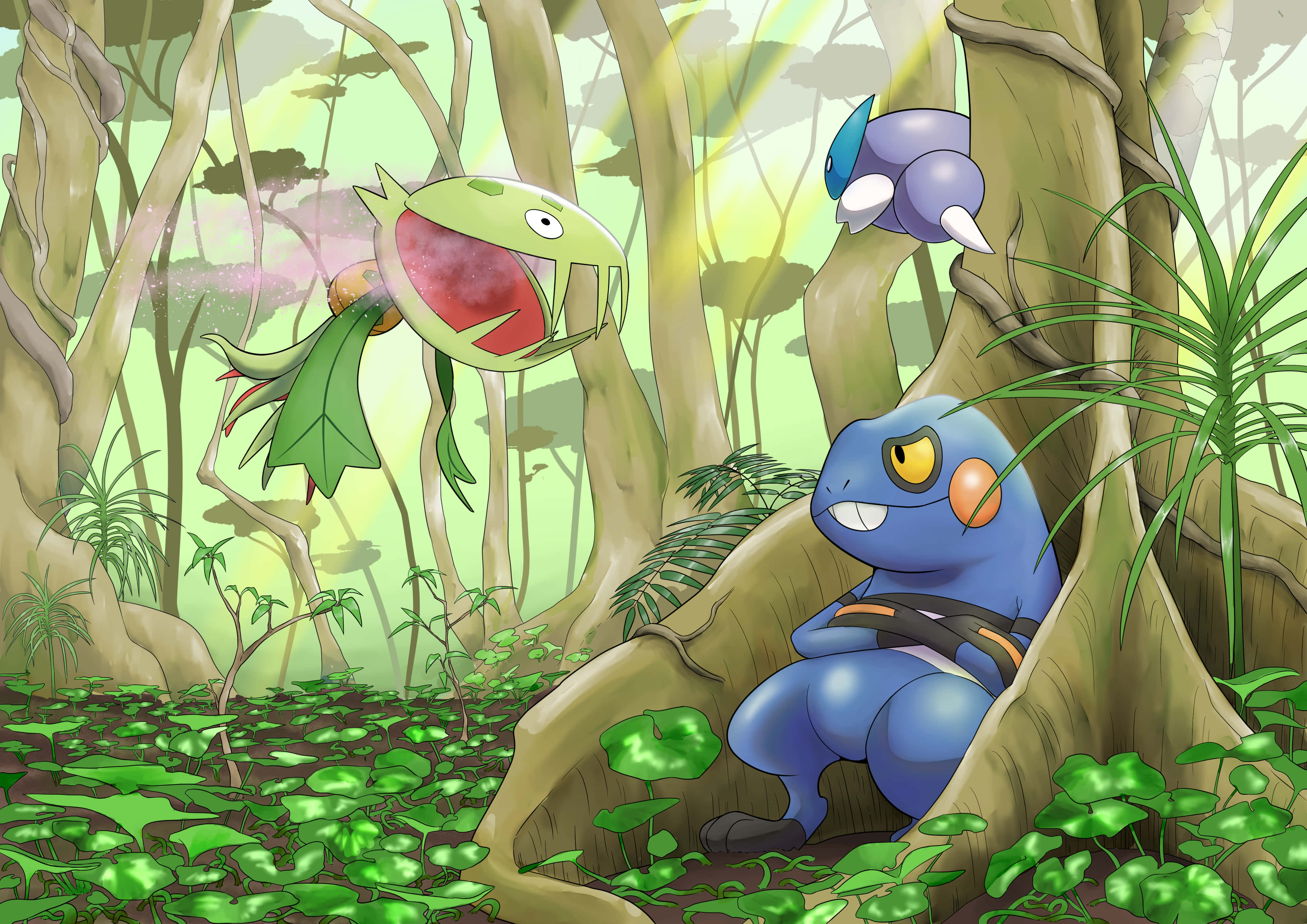森林 桌布 壁紙 — 三隻 Pokémon 在陽光明媚的叢林中放鬆，周圍有充滿活力的綠色樹葉，斑駁的光線穿過高大的樹木。